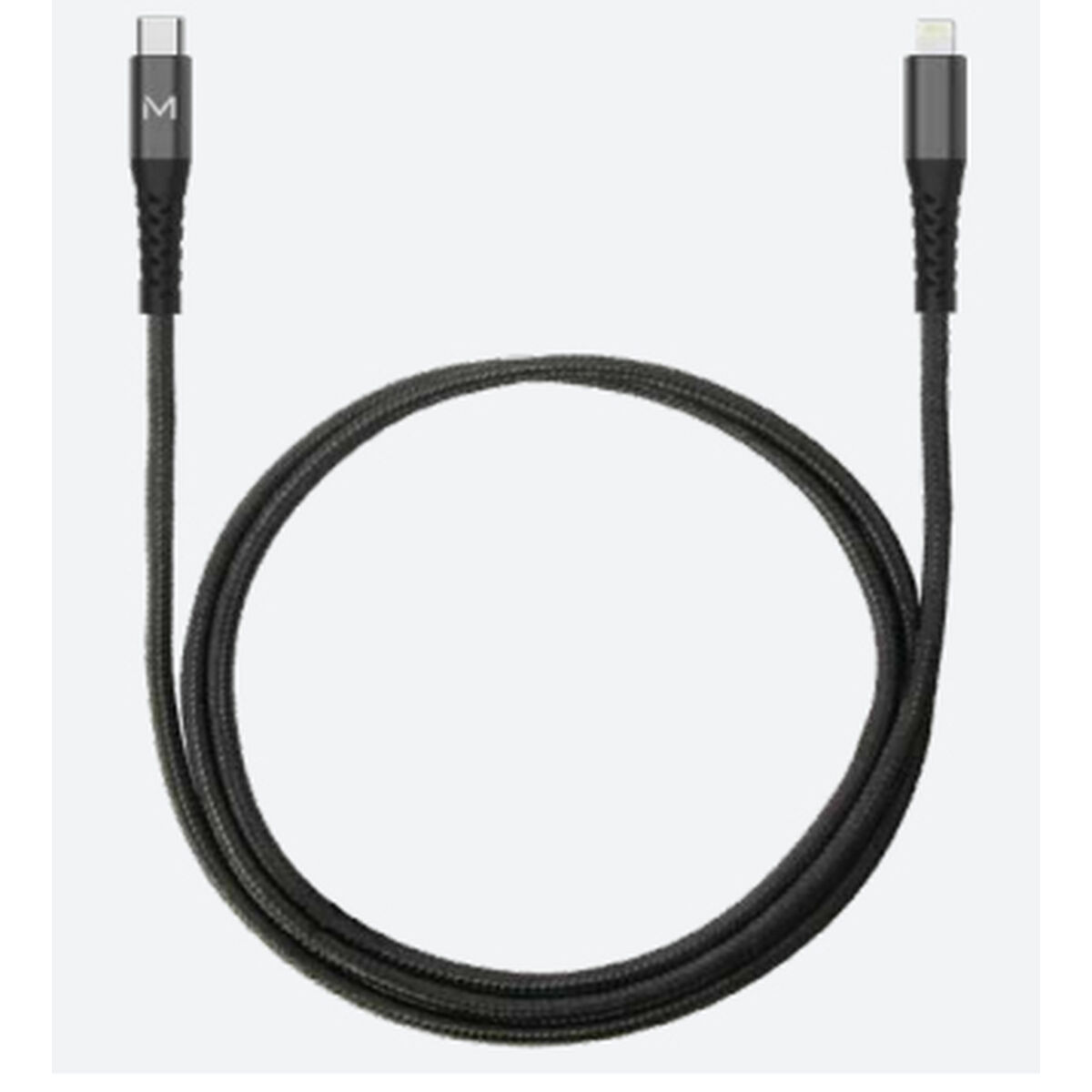 Cavo nero con connettori USB e Lightning, con anello, su bianco.