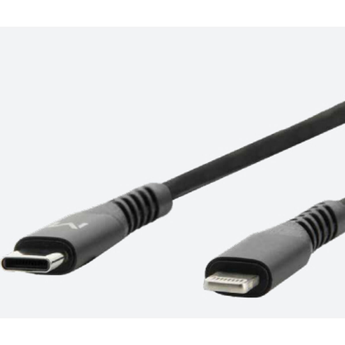 Cavo da USB-C a Lightning nero, connettori su sfondo nero.