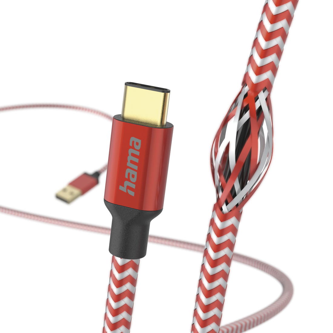 Cavo USB-C rosso e bianco con connettore dorato e scritta 'hama'.