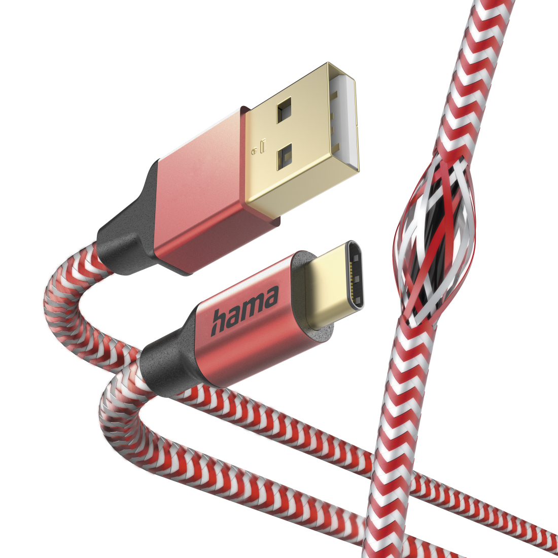 Un cavo USB con rivestimento a strisce rosse e bianche e un connettore USB-A e USB-C.