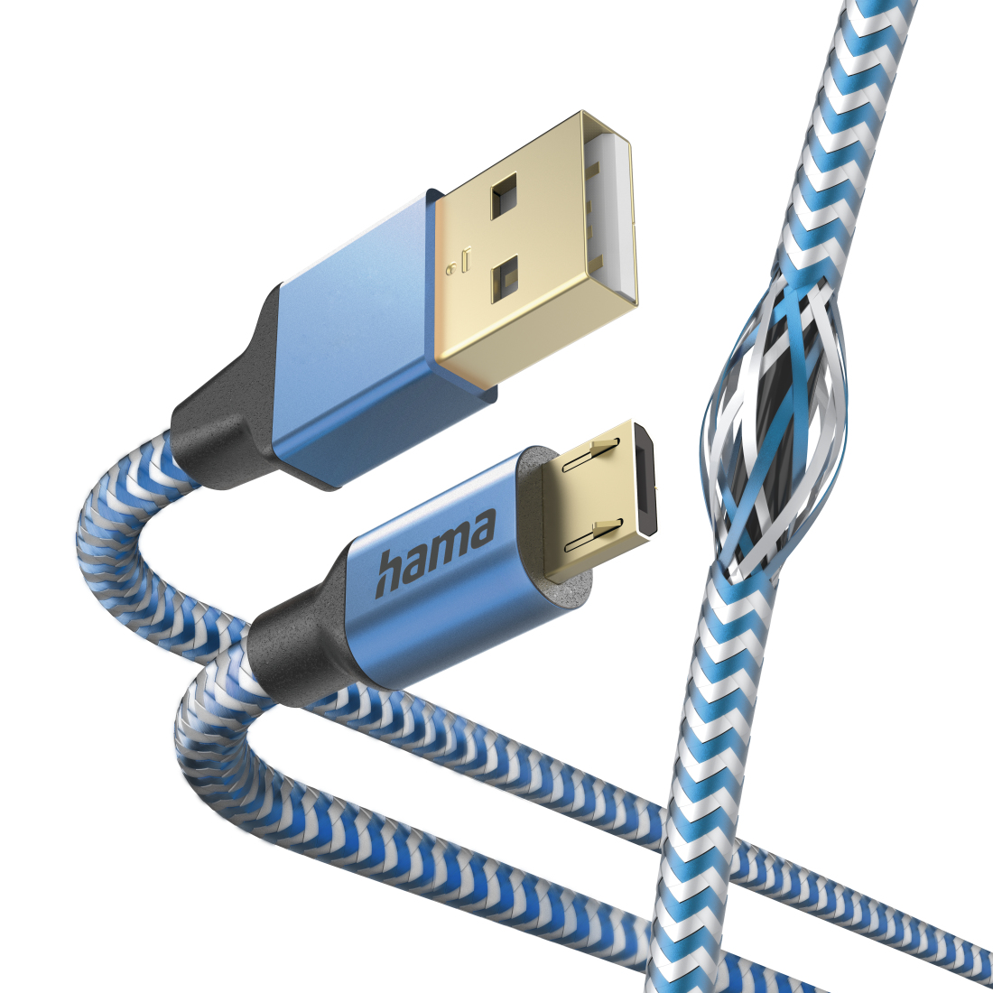 Câble USB bleu et blanc avec logo Hama et connecteur doré. Une coupe montre le câblage interne.