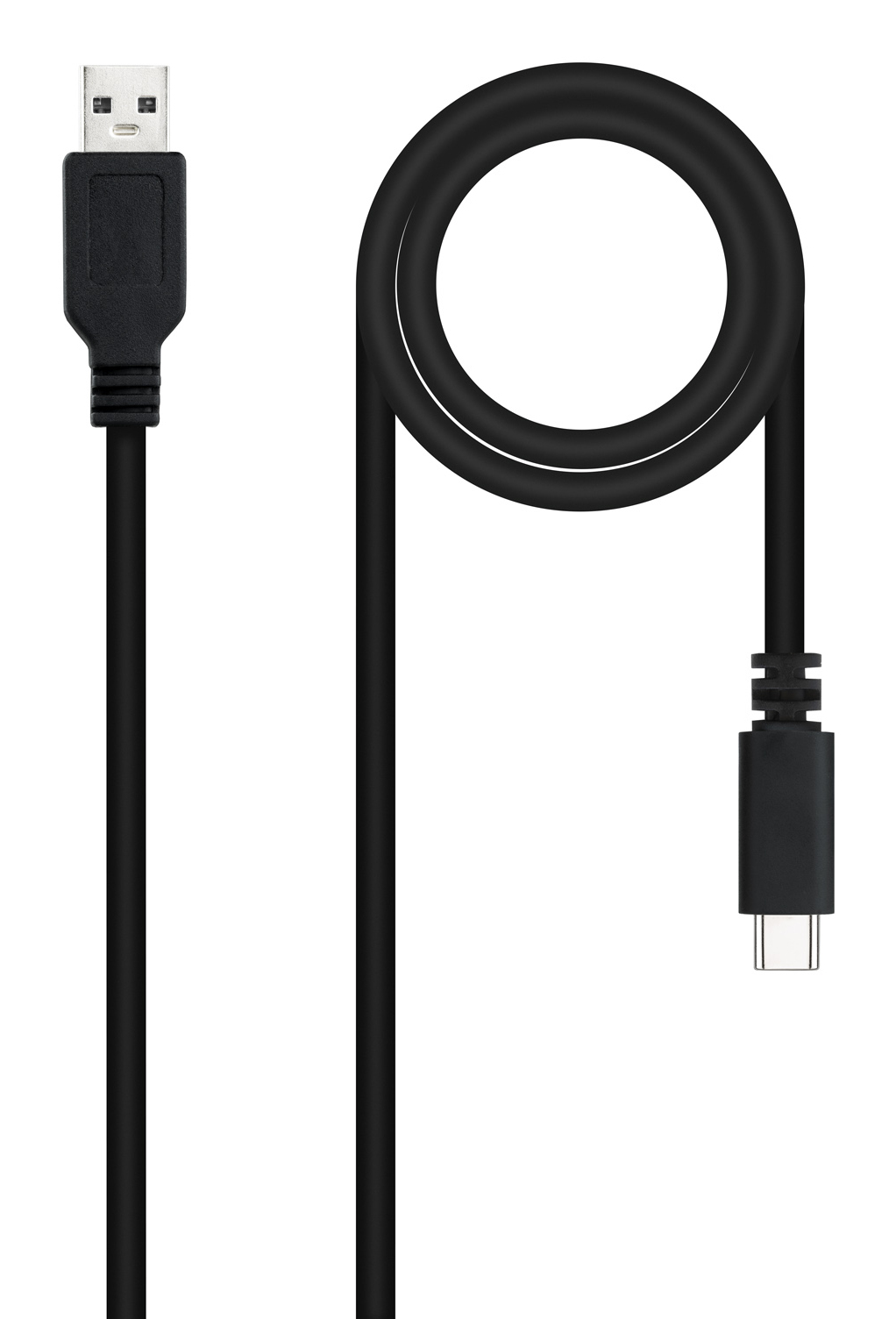 Cavo USB nero con connettori USB e USB-C, su sfondo bianco. Il cavo è arrotolato.