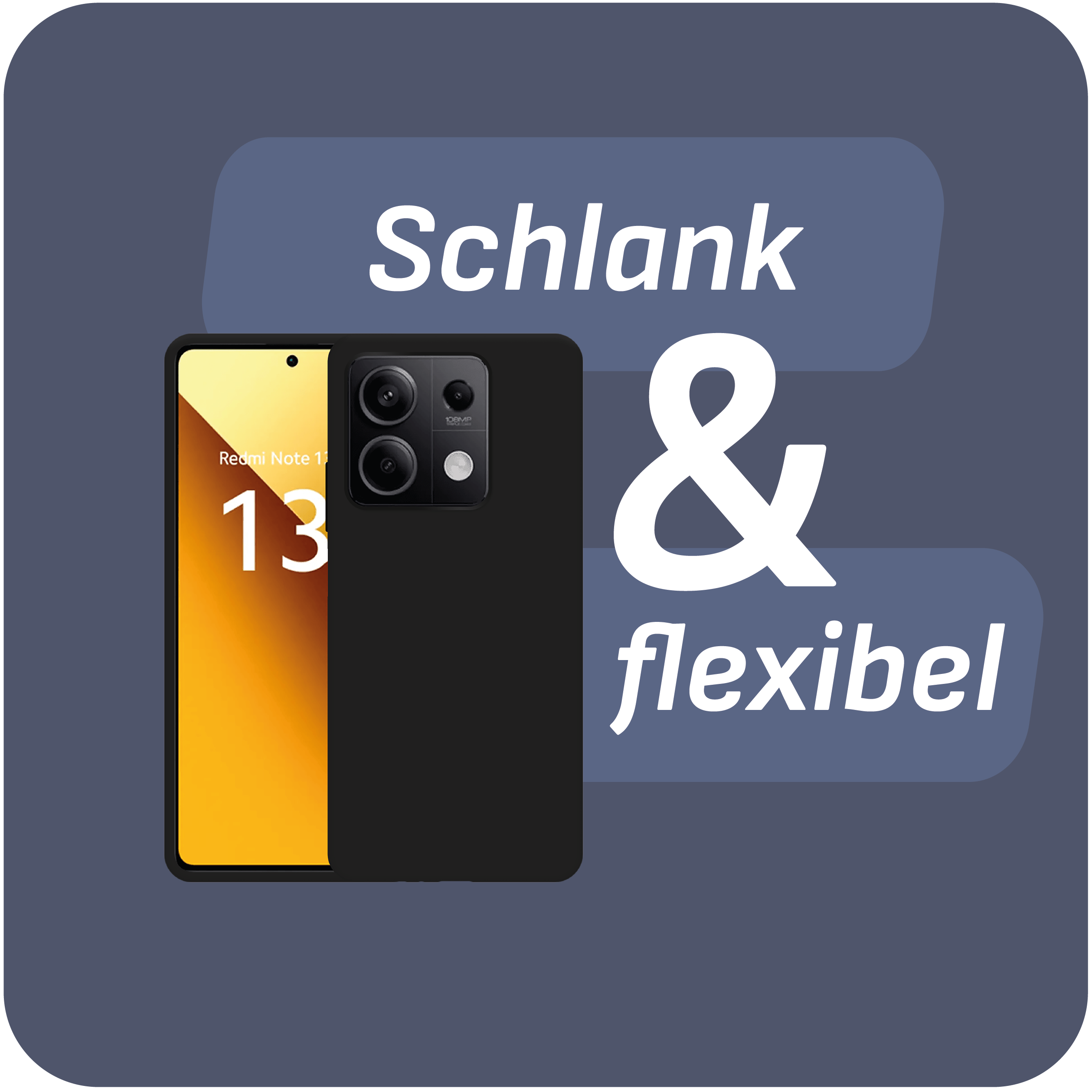 Schwarze Handyhülle mit Telefon. Das Telefon zeigt die Nummer 13. Text: schlank & flexibel.