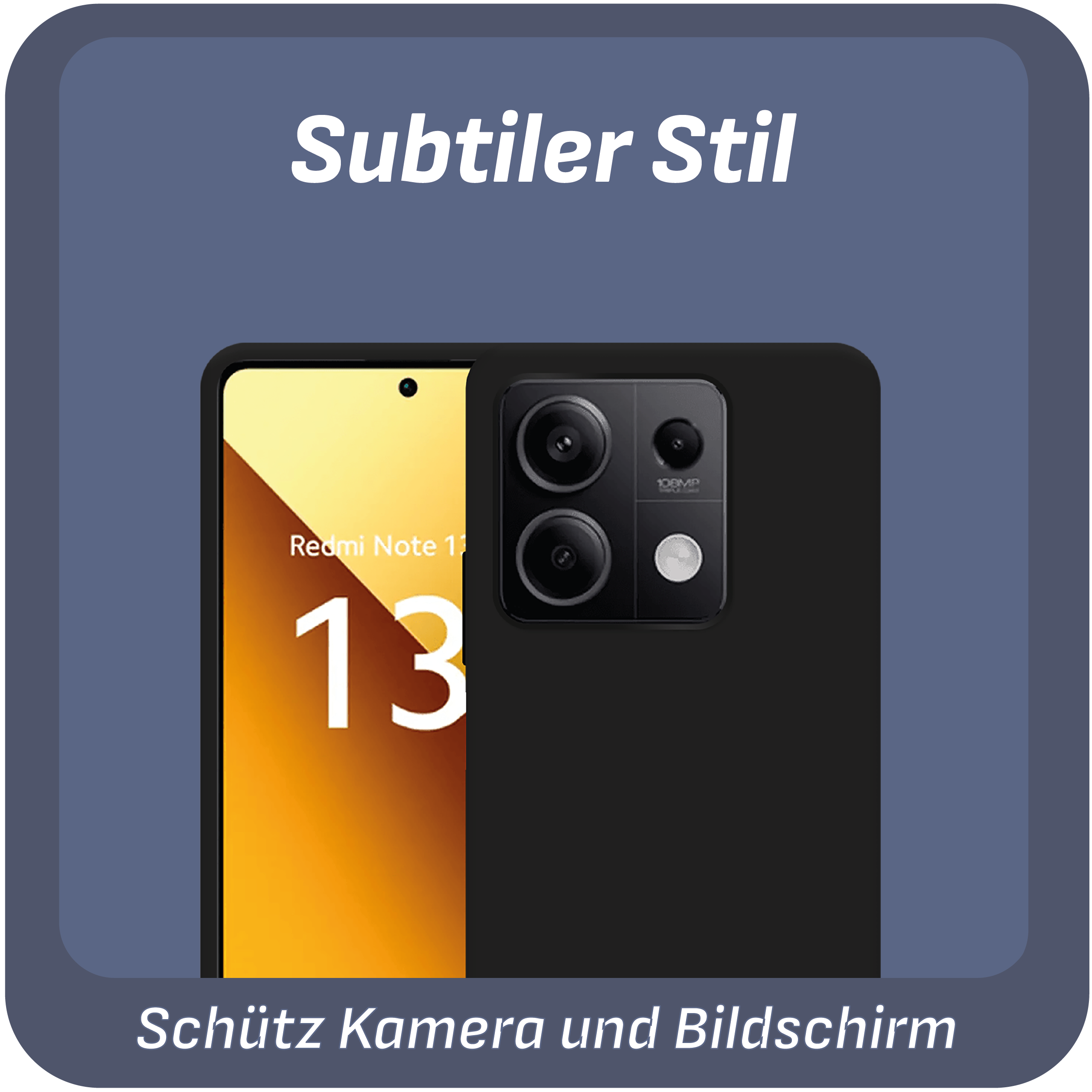 Ein schwarzes Smartphone-Rückteil mit Kamera und Text '13'. Text sagt 'Schütz Kamera und Bildschirm'.