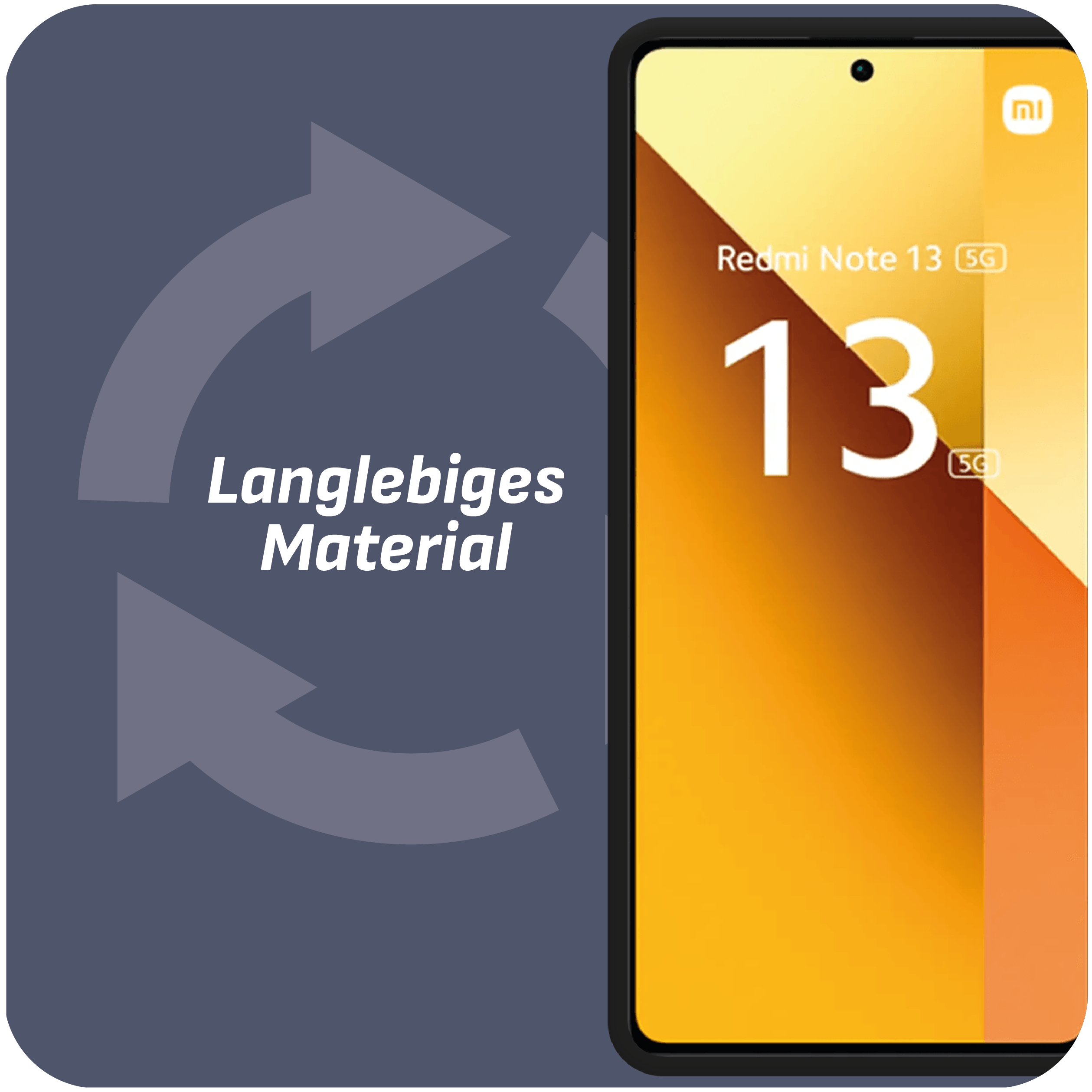 Orangefarbenes Telefon mit dem Text 'Redmi Note 13 5G' auf blauem Hintergrund. Pfeile um das Telefon.