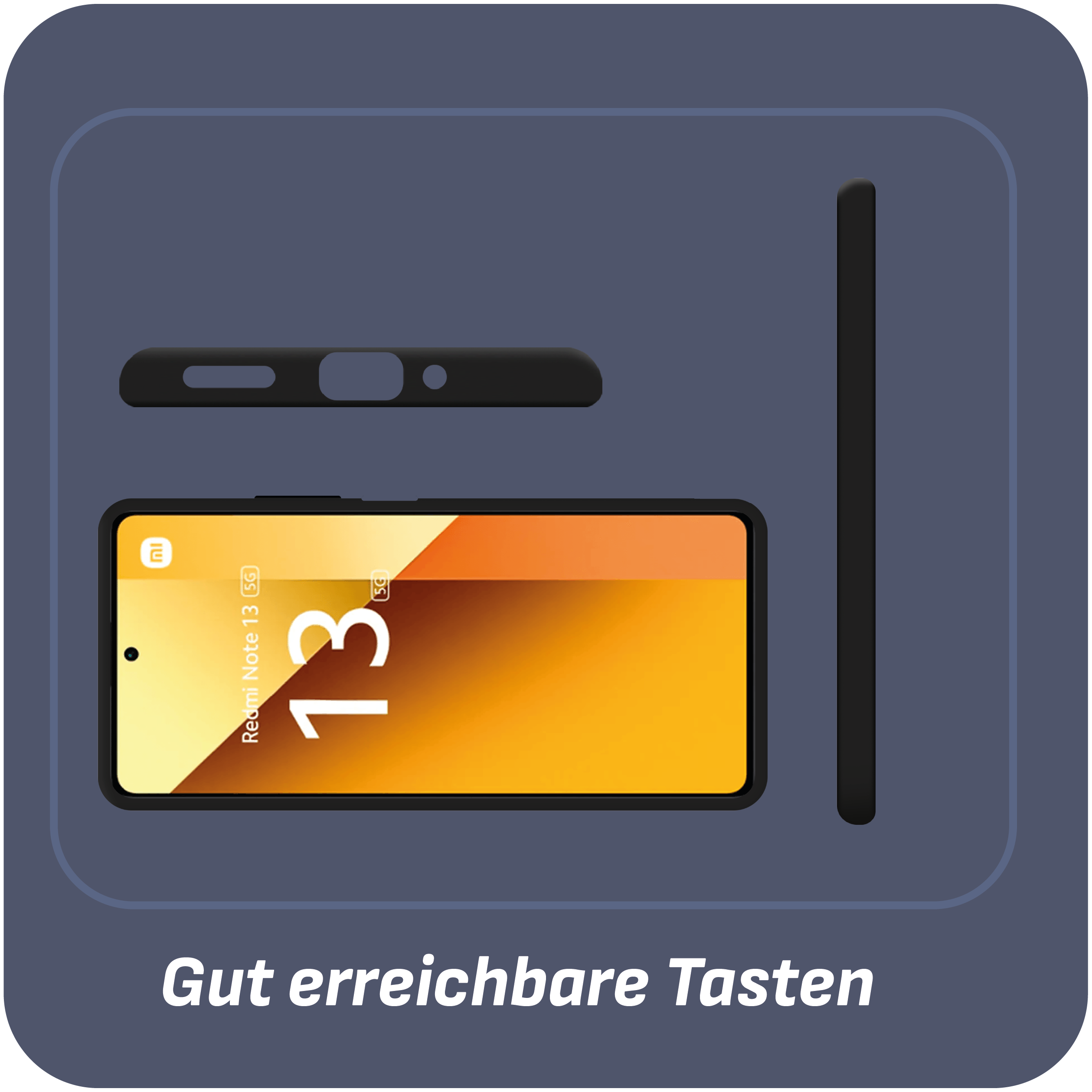 Telefon mit Hülle. Text: Gut erreichbare Tasten. Zeigt Ansichten von oben, vorne und der Seite.