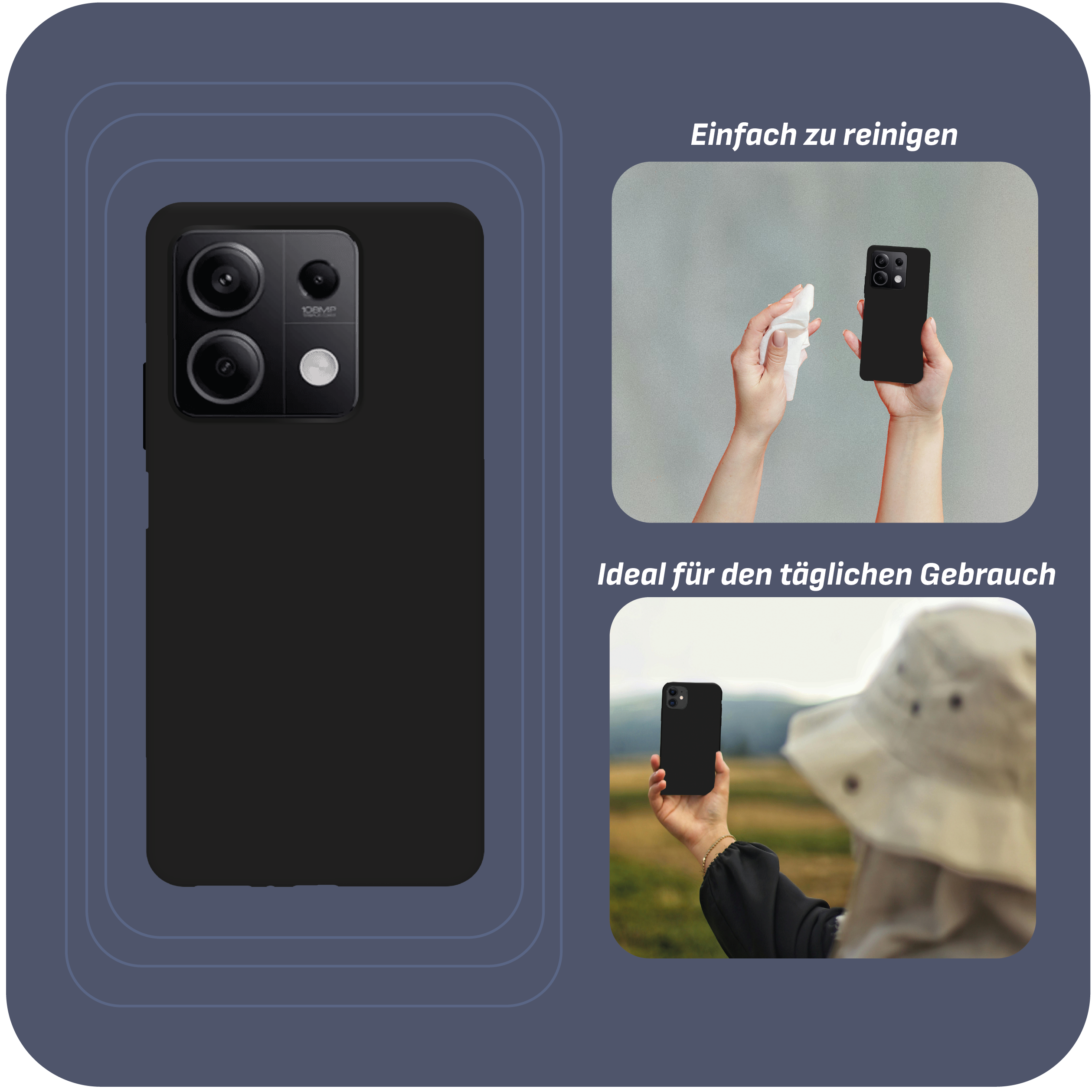 Schwarze Handyhülle mit drei Bildern des Telefons. Eines wird in der Hand gehalten, die anderen sind Nahaufnahmen.