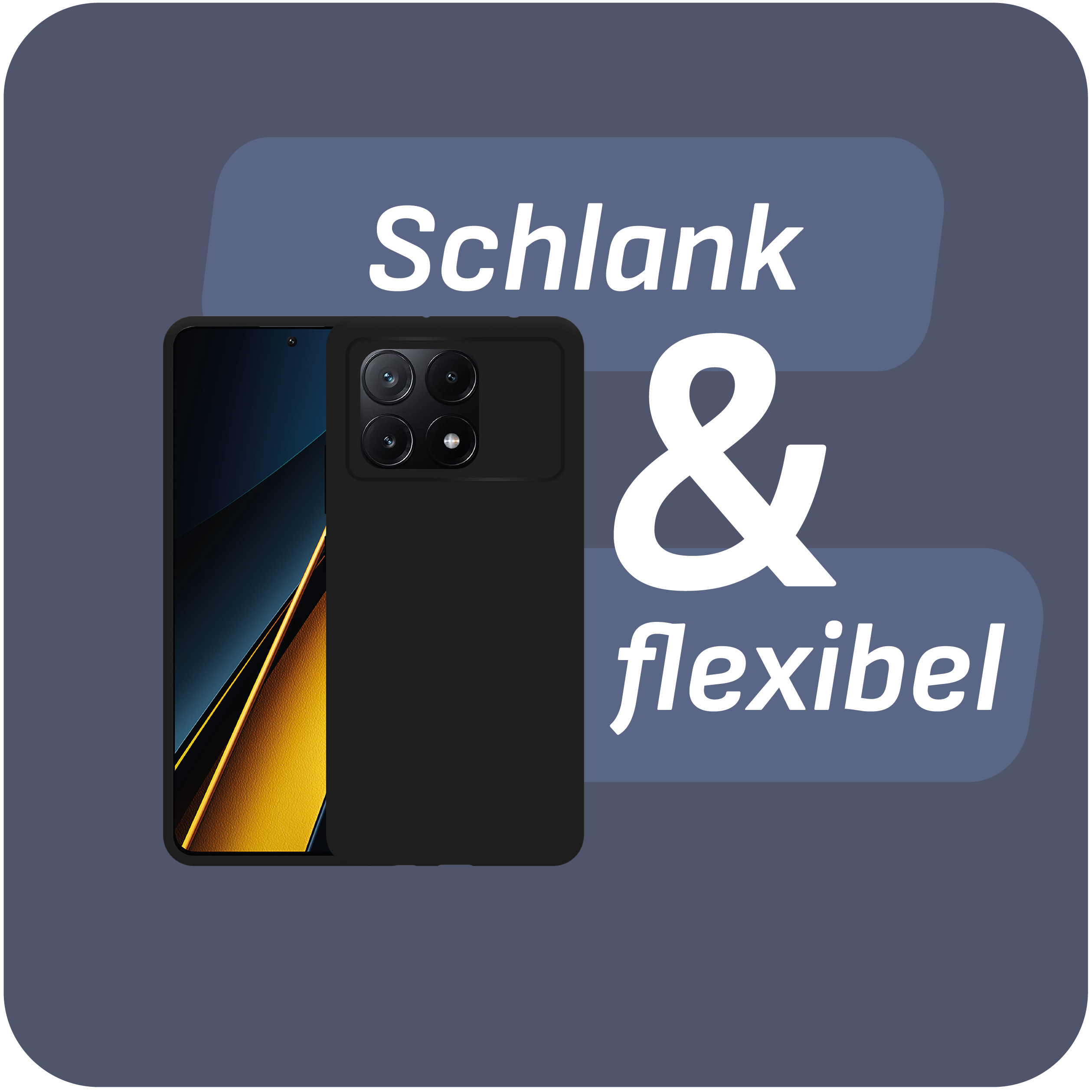 Schwarzes Telefon in einer Hülle. Die Hülle hat einen schwarzen Hintergrund. Der Text lautet & flexibel.