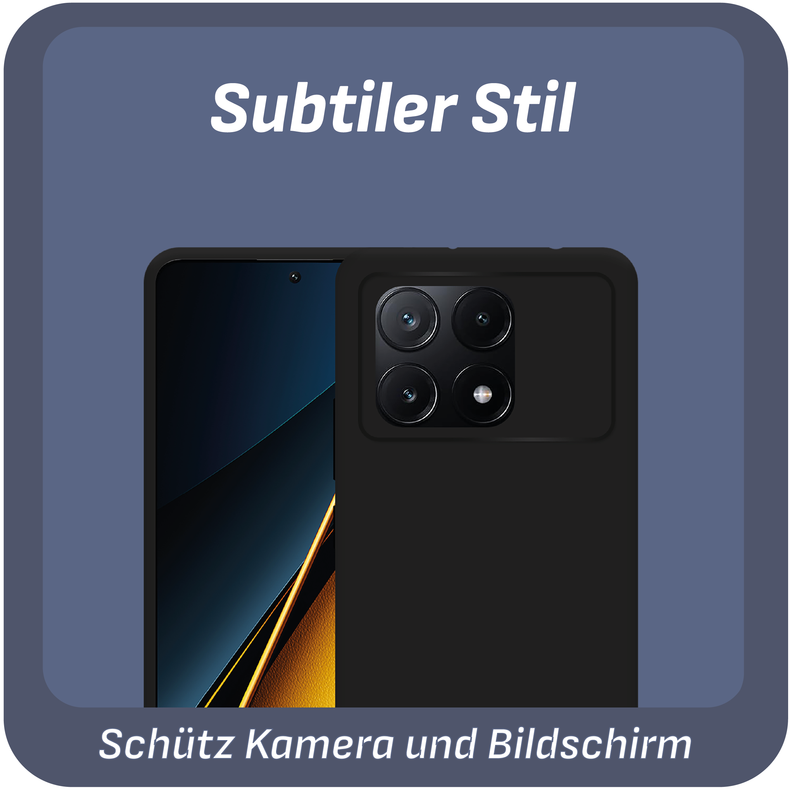 Schwarze Handyhülle auf schwarzem Handy mit Kameramodul. Dunkelblauer Hintergrund.