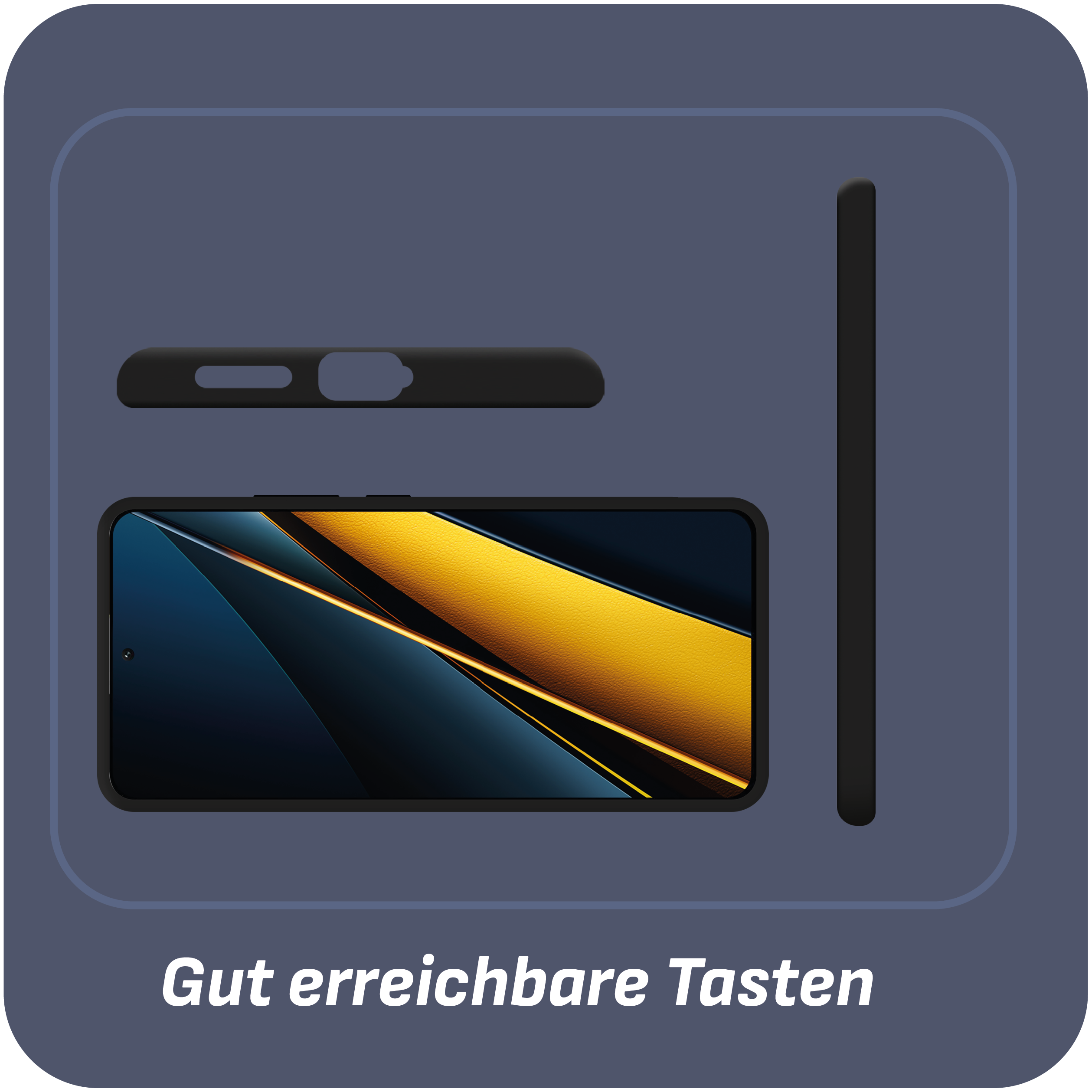 Schwarzes Telefon mit passender schwarzer Hülle, die Tasten sind leicht erreichbar, auf dunklem Hintergrund.