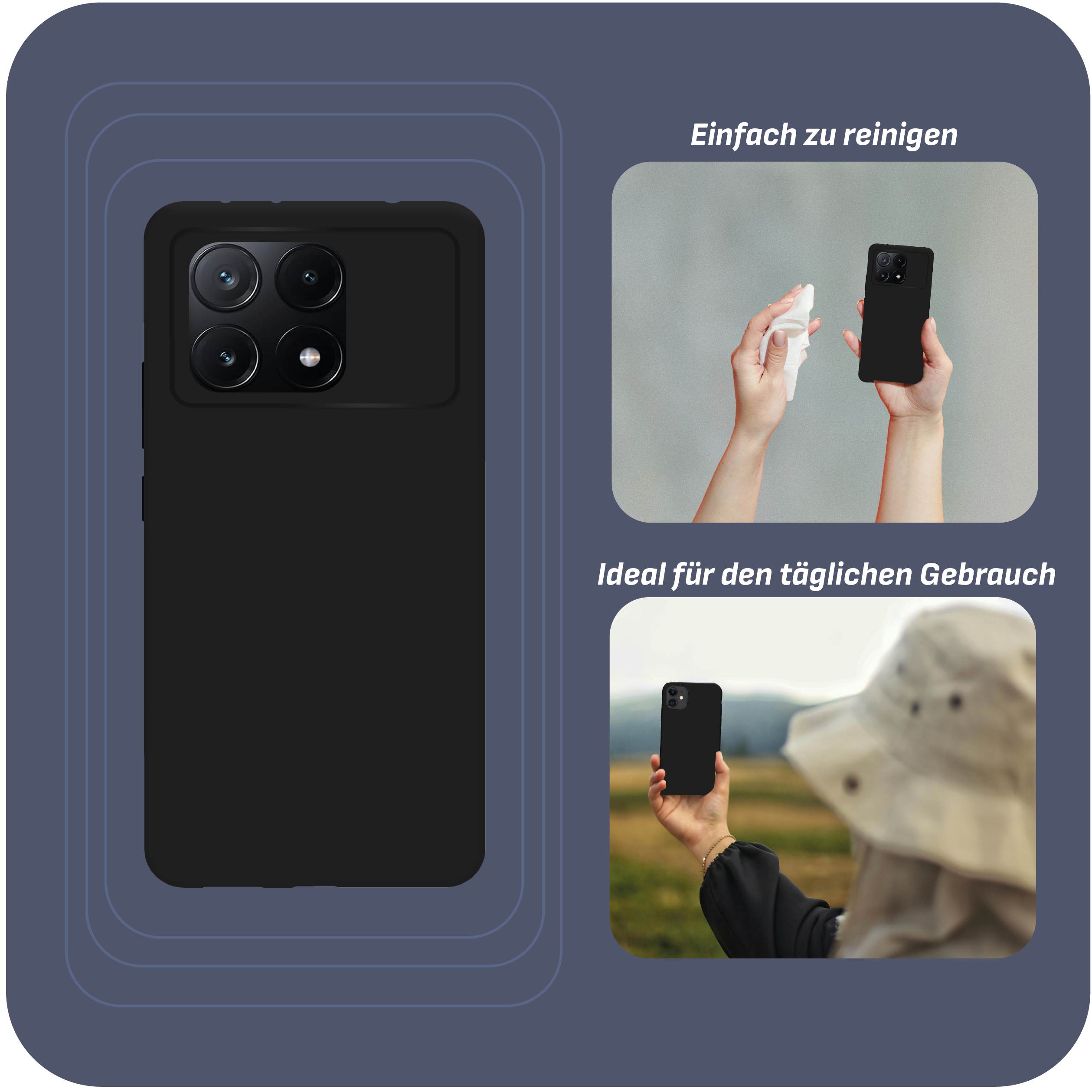 Schwarze Handyhülle mit drei Bildern. Reinigung, Hand mit Telefon.