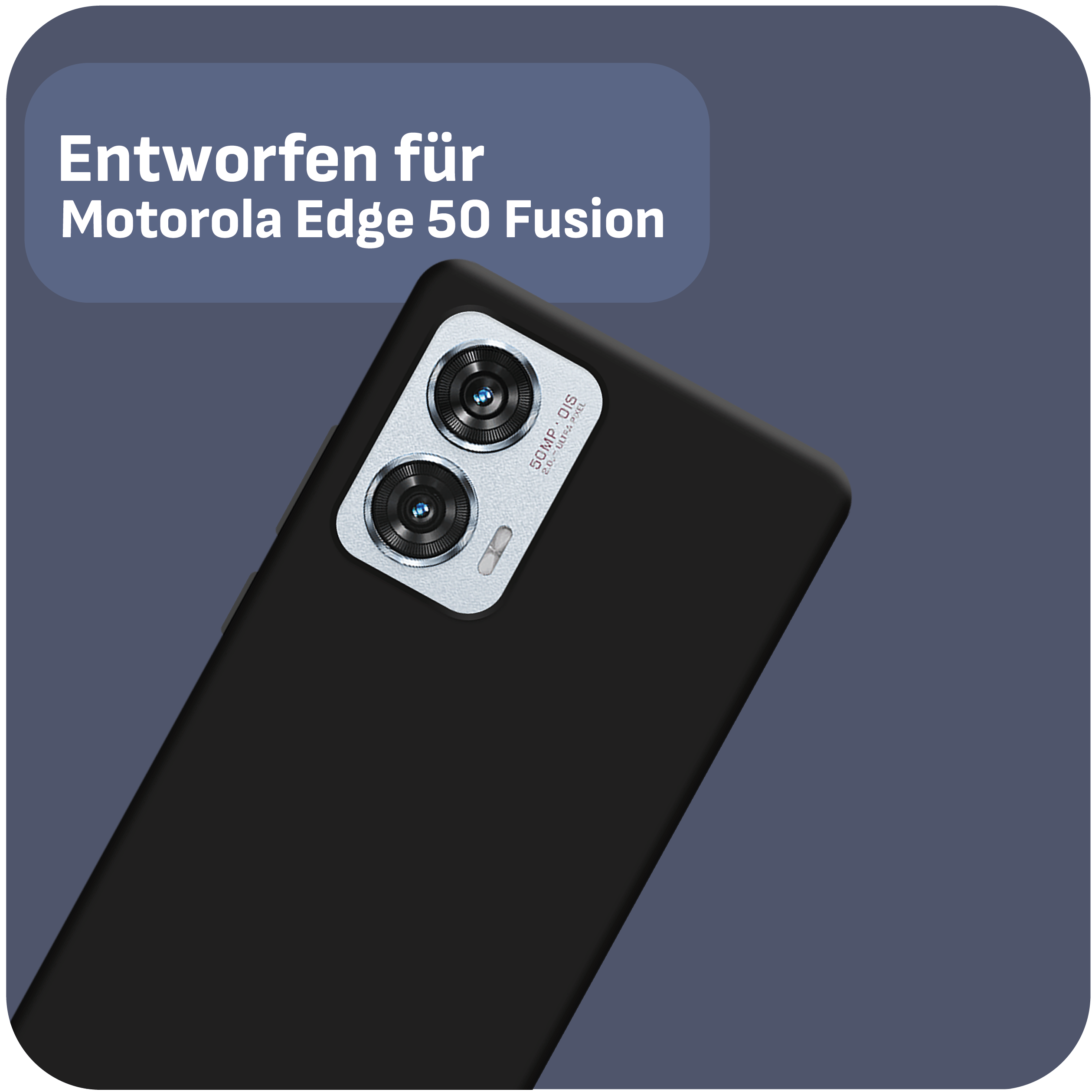 Schwarze Handyhülle mit zwei sichtbaren Kameralinsen, entworfen für Motorola Edge 50 Fusion.