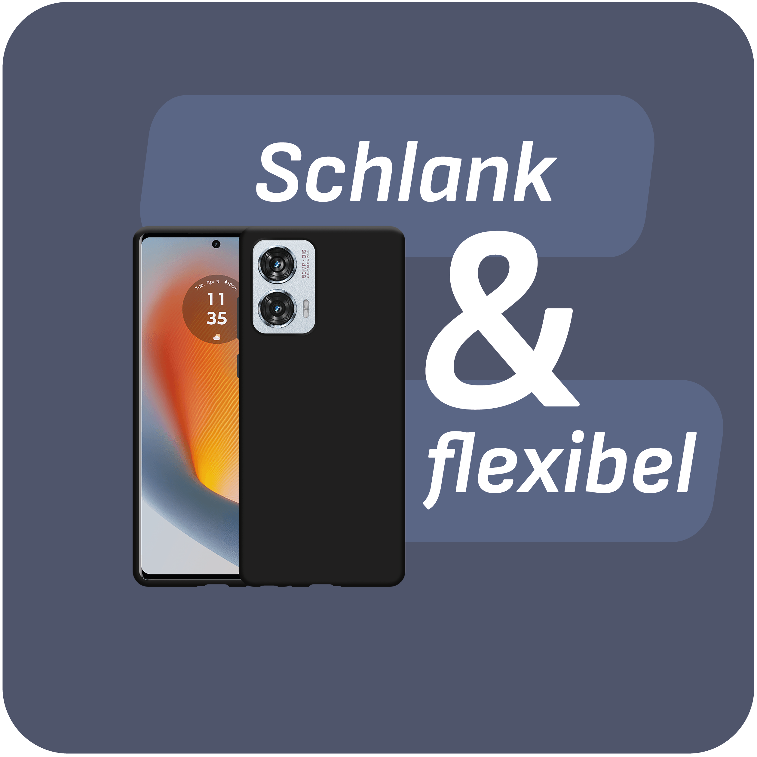 Ein Telefon in einer schwarzen Hülle mit den Worten 'Schlank & flexibel'. Ein Telefon wird angezeigt.