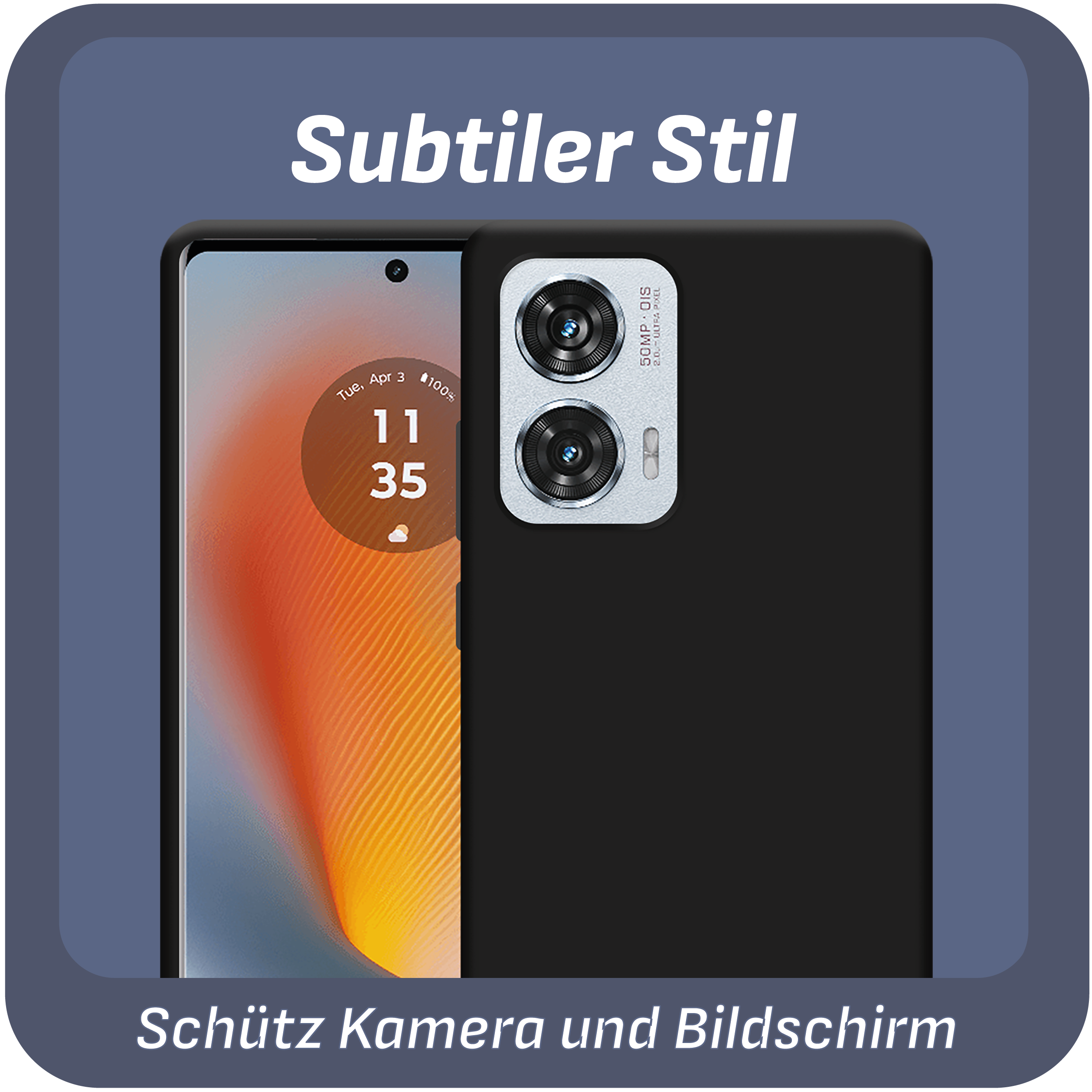 Eine schwarze Handyhülle mit Kamera auf dunkelblauem Hintergrund. Text sagt subtiler Stil.