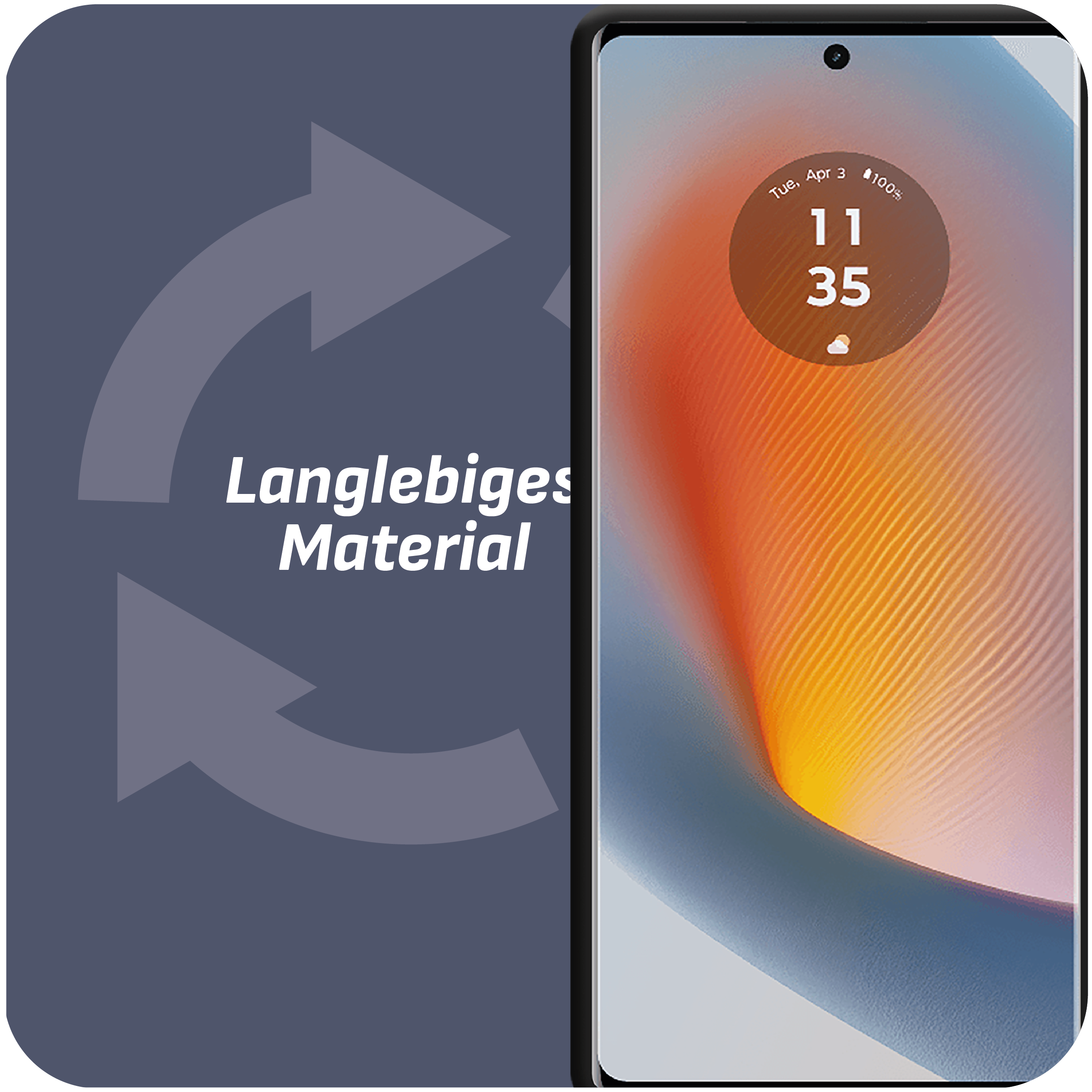Ein Smartphone mit digitaler Anzeige, das Zeit- und Batterieinformationen sowie ein Recycling-Logo anzeigt.