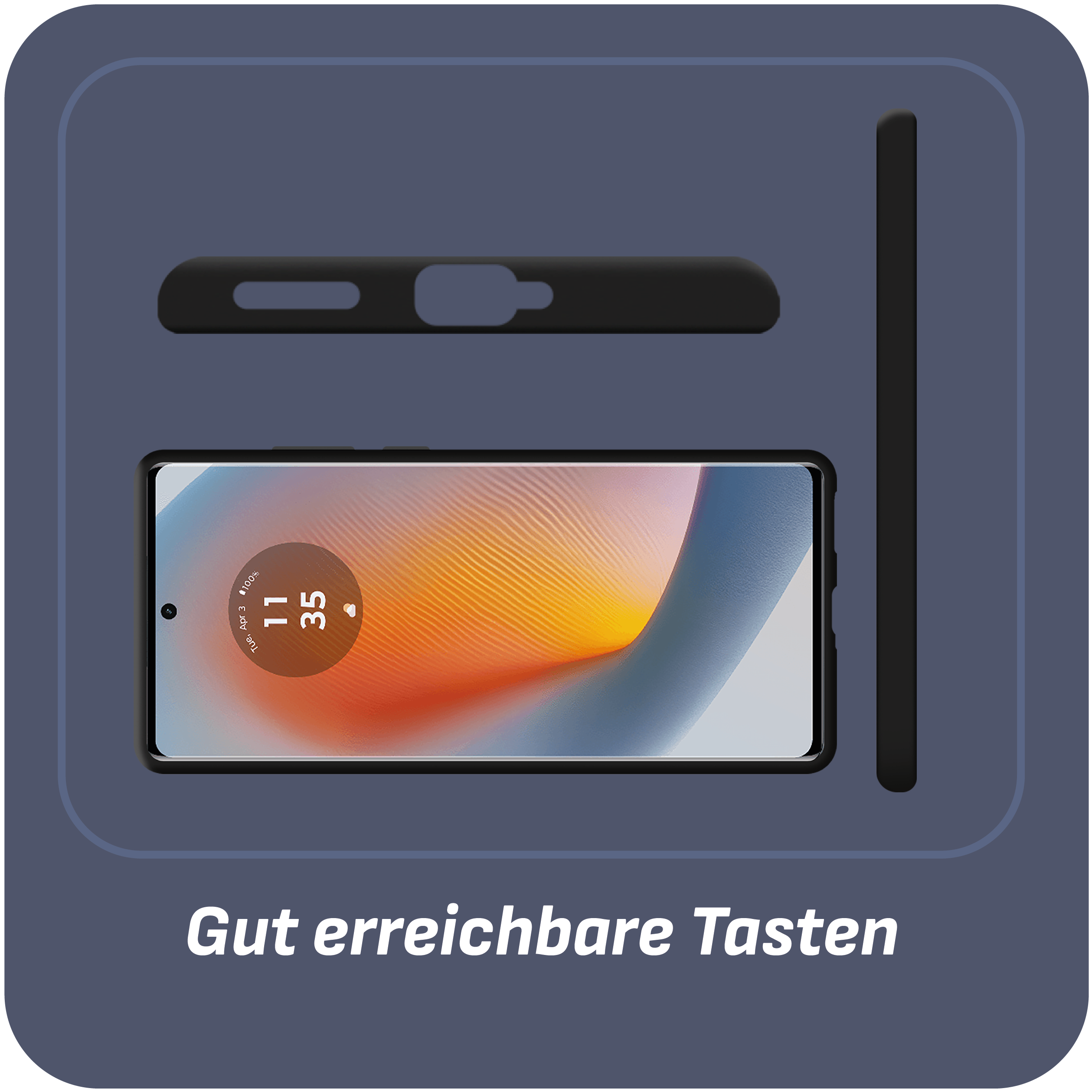 Smartphone und Hülle, schwarz auf dunkelblauem Hintergrund. Der Bildschirm zeigt die Uhrzeit.