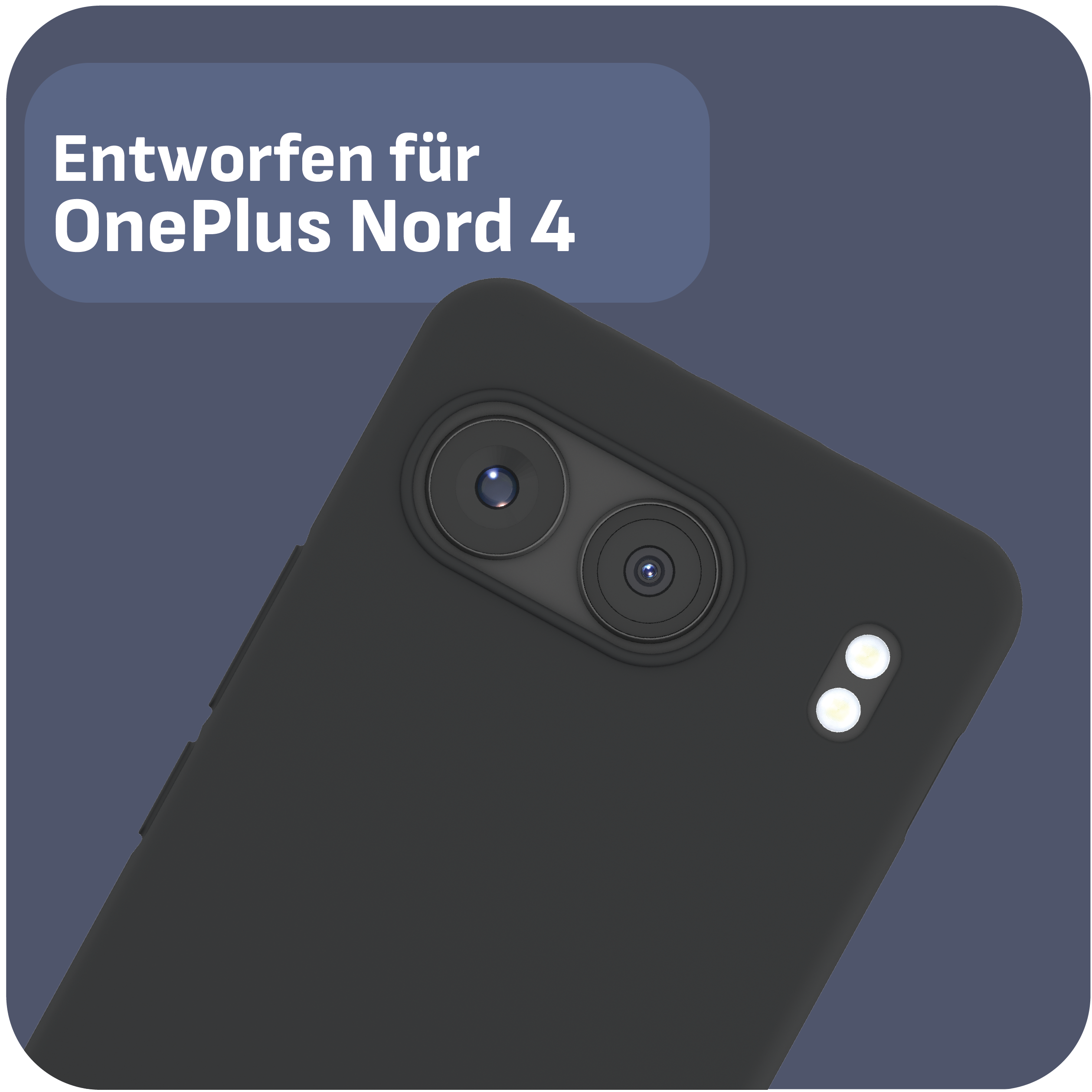 Schwarze Handyhülle mit Telefon. Text: Entworfen für OnePlus Nord 4.