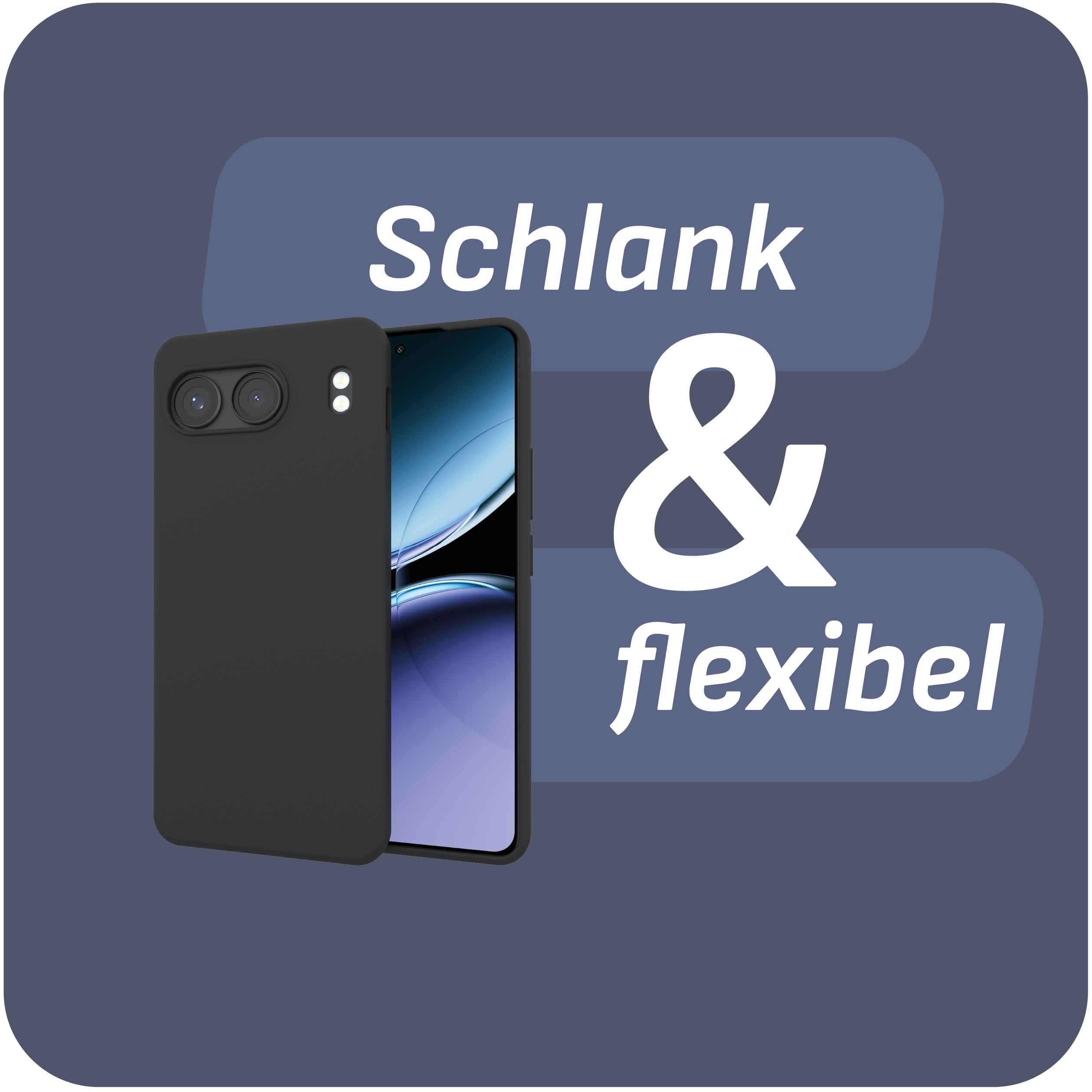Eine schwarze Handyhülle mit einem Telefon. Text: 'Schlank & flexibel'.