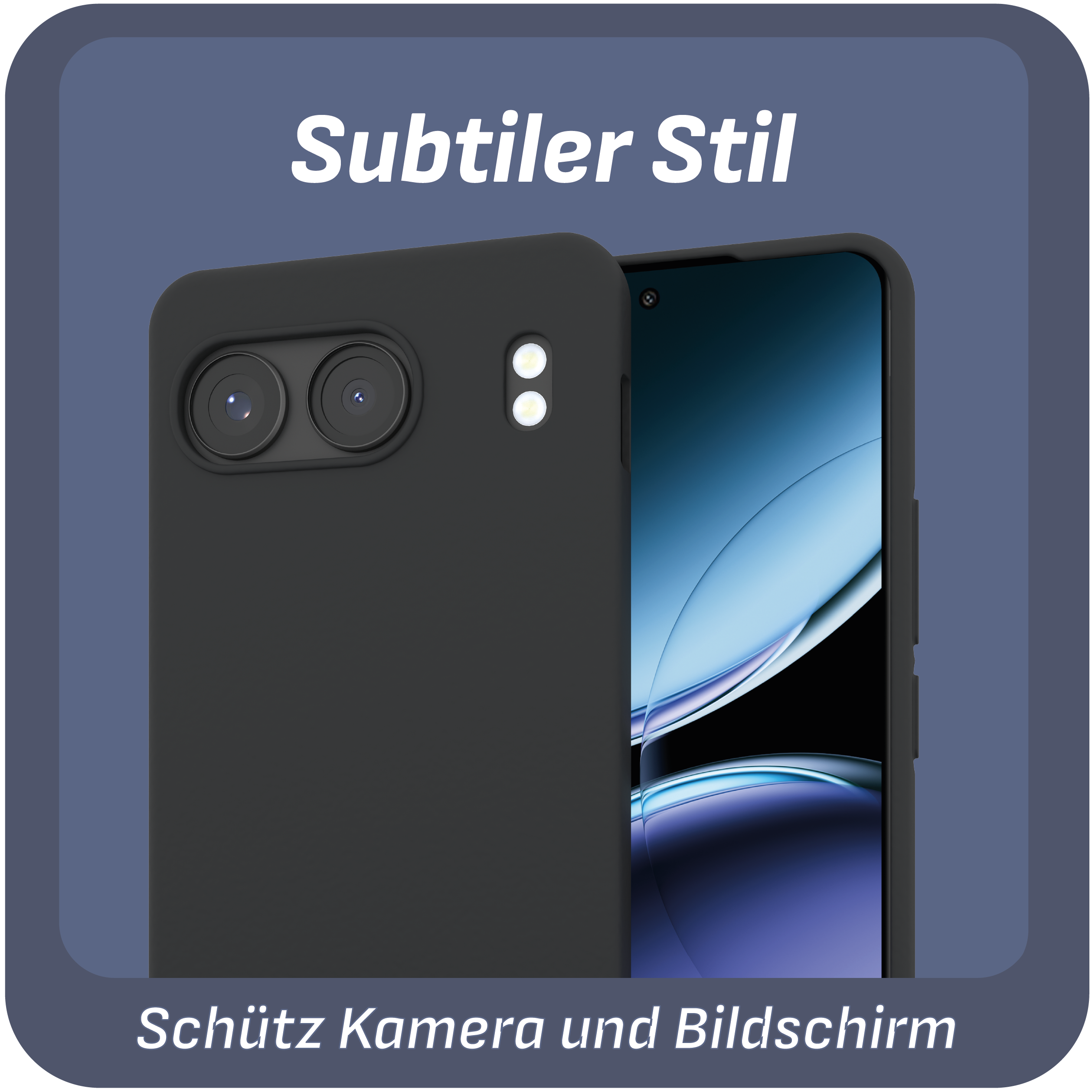 Schwarze Handyhülle mit Telefon. Das Telefon hat zwei Kameras und einen Blitz.