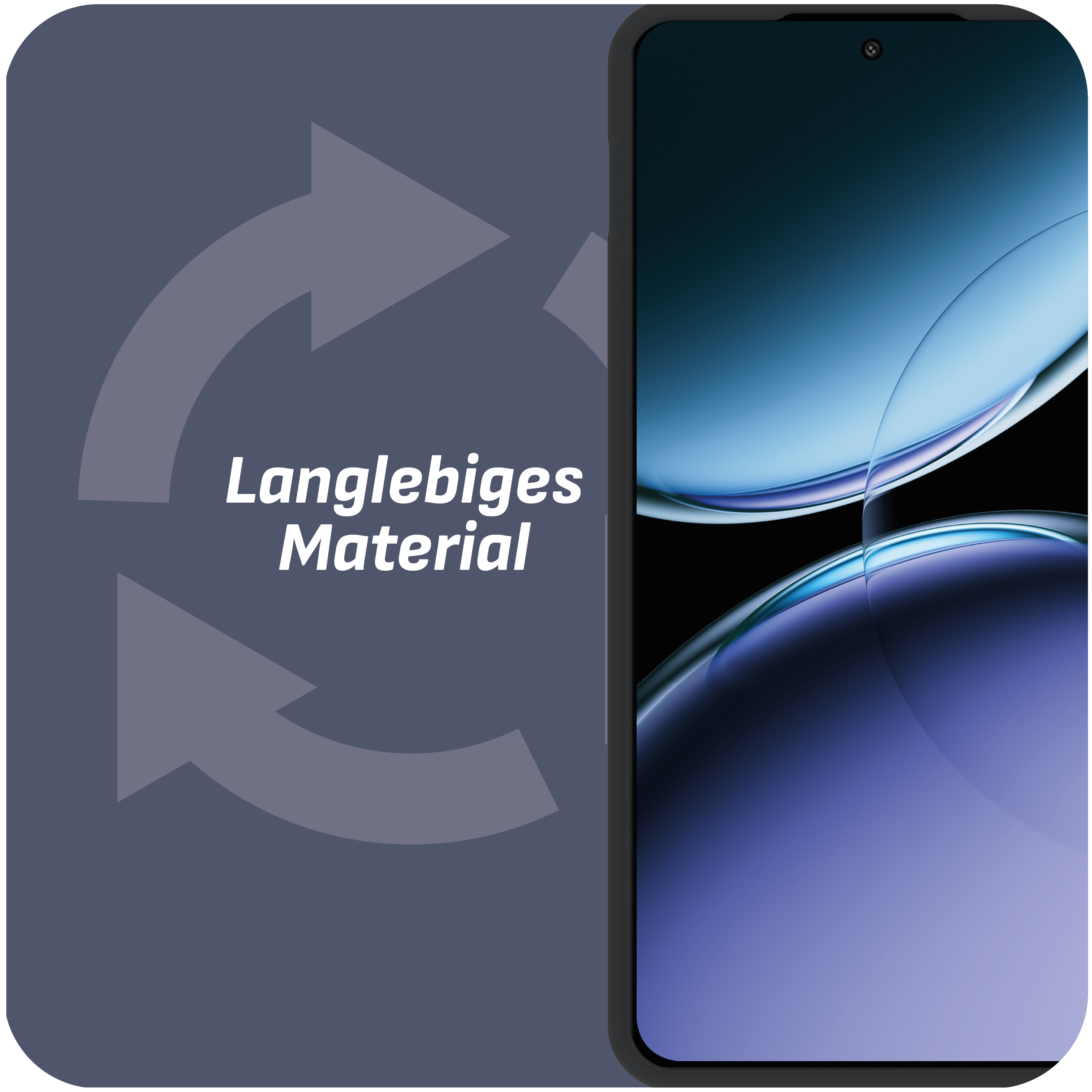 Telefon mit blau-lila Display, neben Grafik von Recyclingpfeilen und Text auf Deutsch.