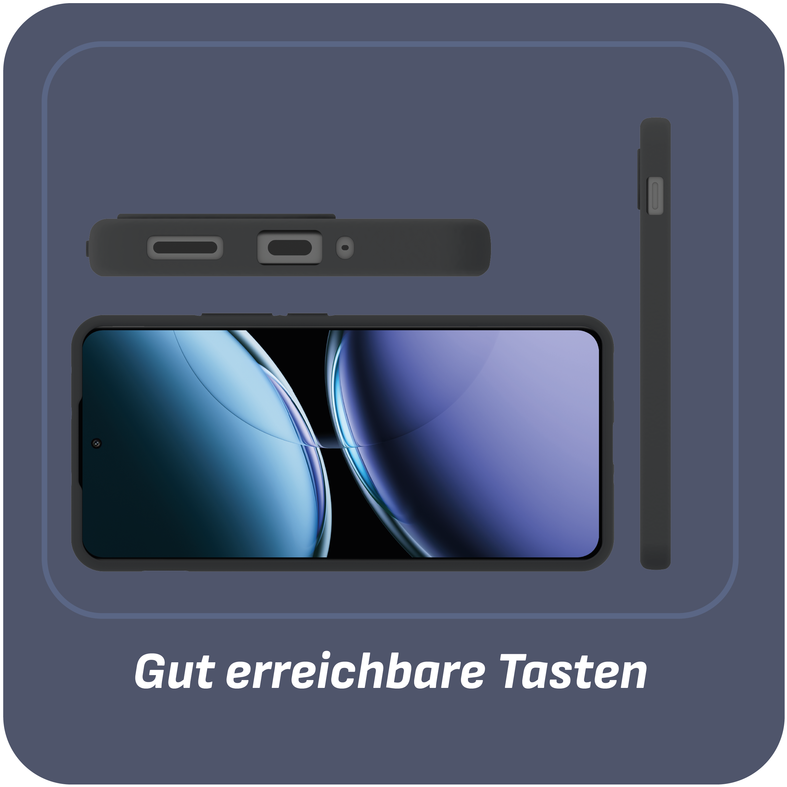 Drei Ansichten eines Telefons in einem grauen Gehäuse: vorne, oben und Seite. Text: 'Gut erreichbare Tasten'.