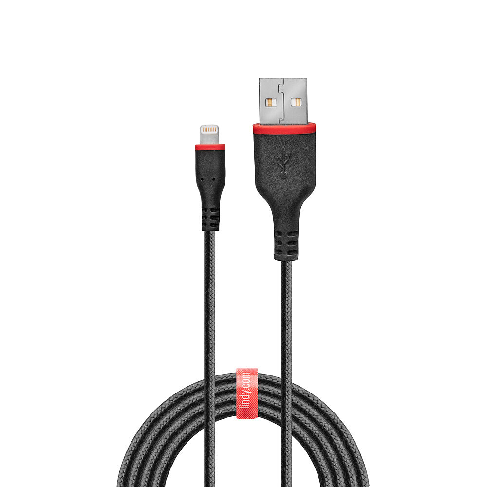 Cavo nero con una fascia rossa, un connettore Lightning e un connettore USB con il marchio INX.com.