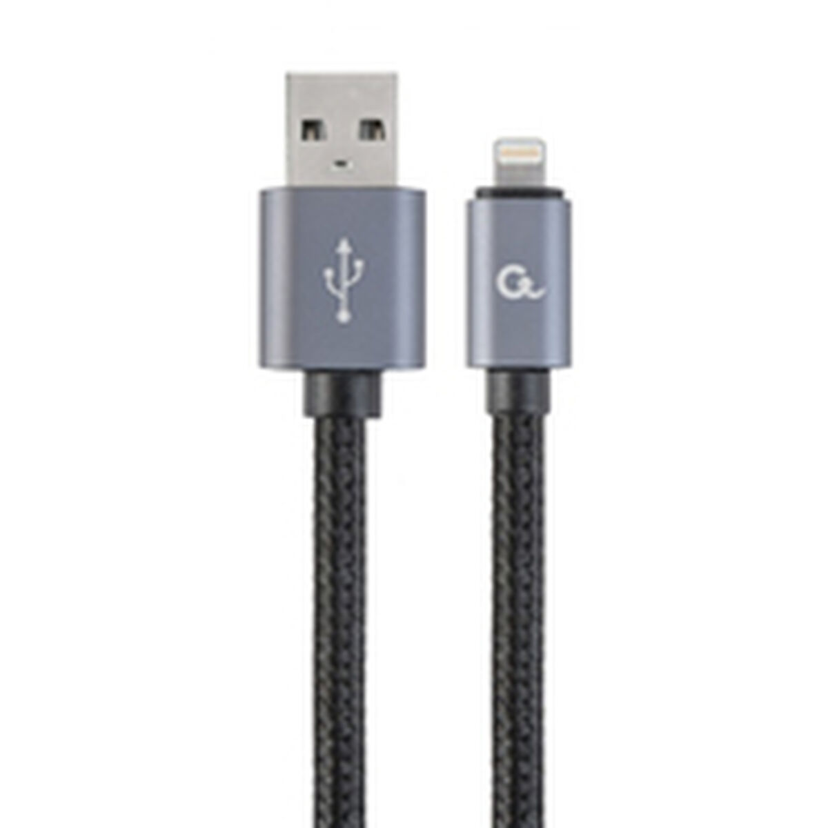 Cavo nero con connettori USB e Lightning su sfondo bianco.