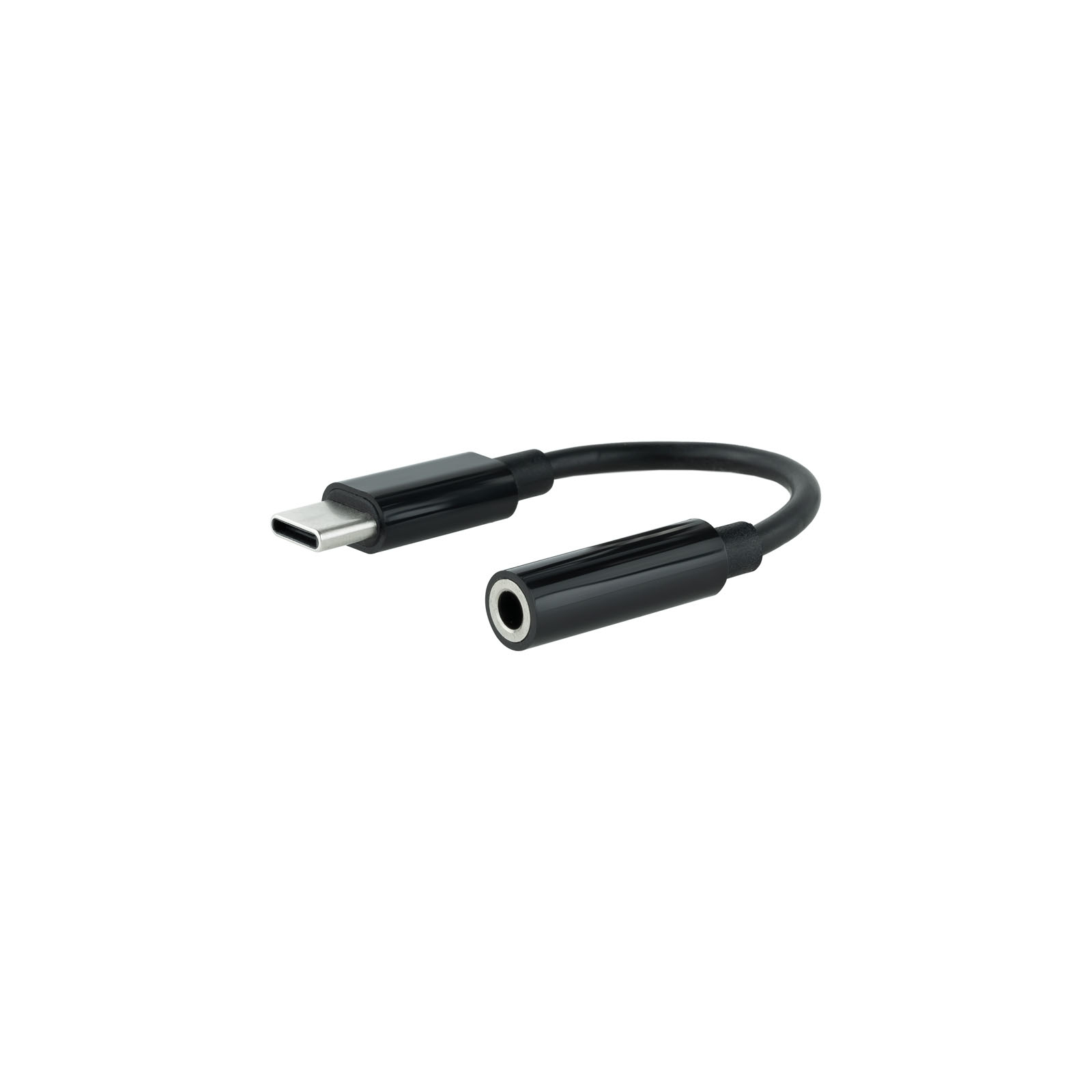 Cavo adattatore da USB-C a audio da 3,5 mm nero su sfondo bianco.