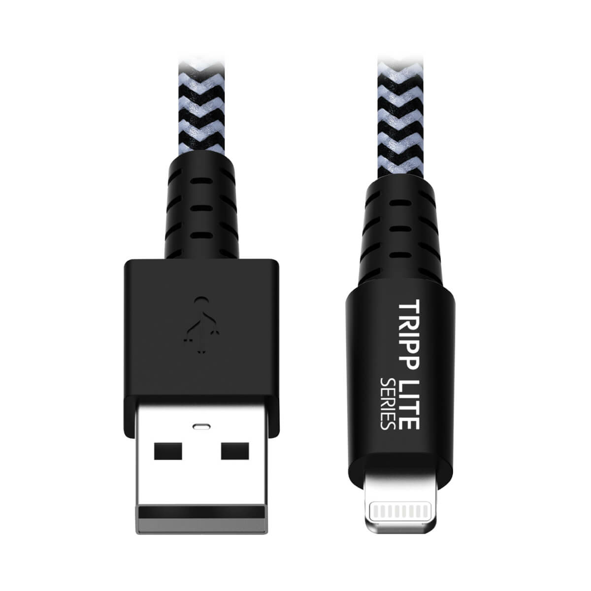 Un cavo USB a Lightning nero con motivo bianco e nero e connettori neri.