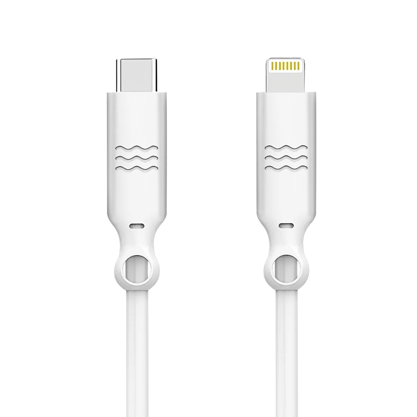Zwei weiße Kabel, USB-C und Lightning, mit Wellenlinien. Weißer Hintergrund.