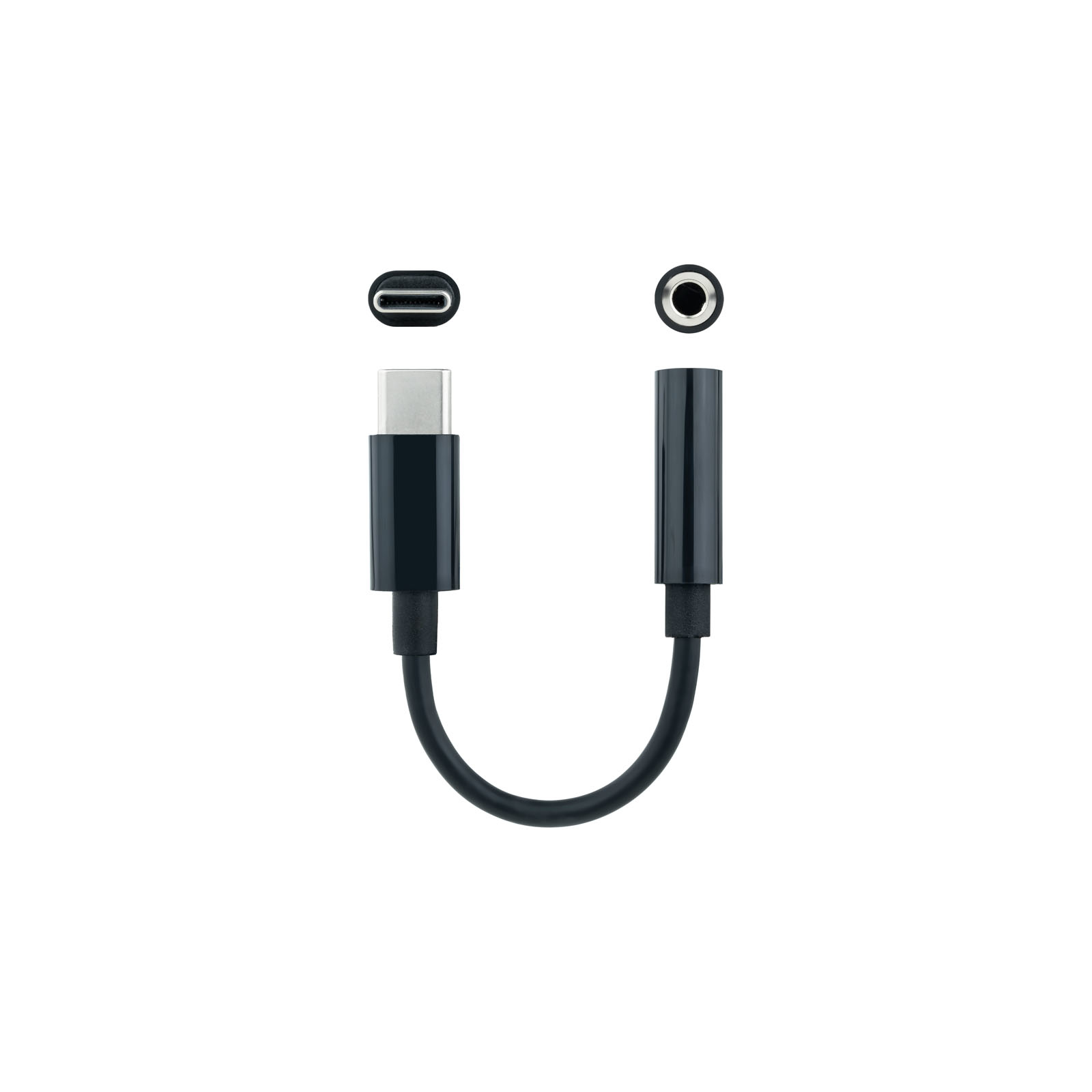 Adattatore nero da USB-C a jack per cuffie da 3,5 mm, con USB-C e jack per cuffie.