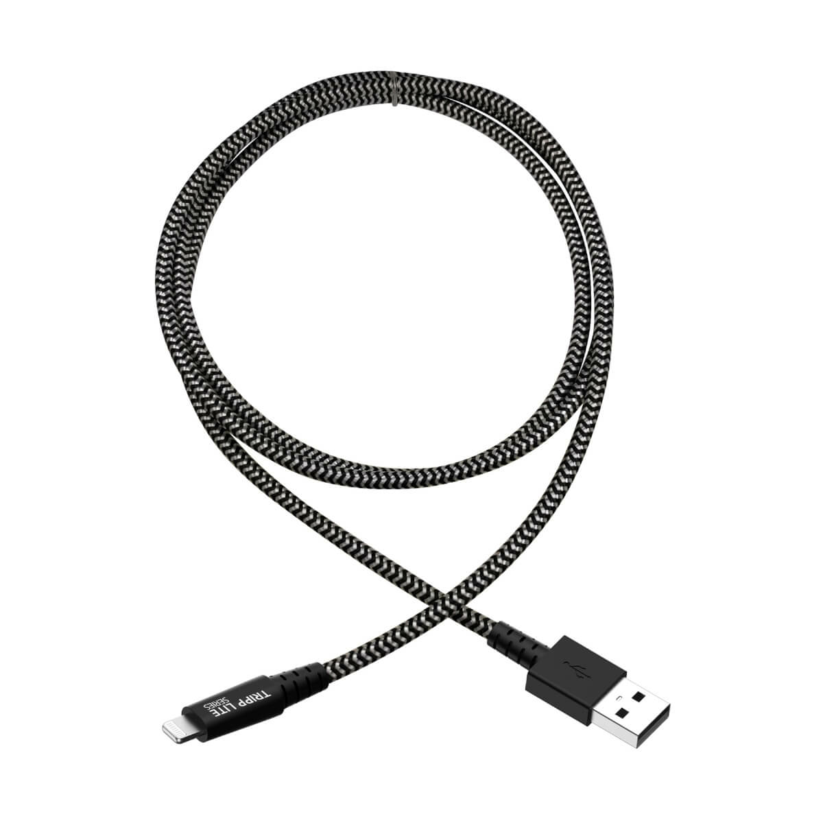Czarno-szary kabel USB do Lightning, zwinięty, z marką Trip Lite, na białym tle.