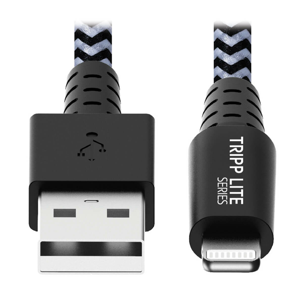 Czarny kabel ze złączem USB i Lightning. Na złączu nadruk 'TRIPP LITE SERIES'.