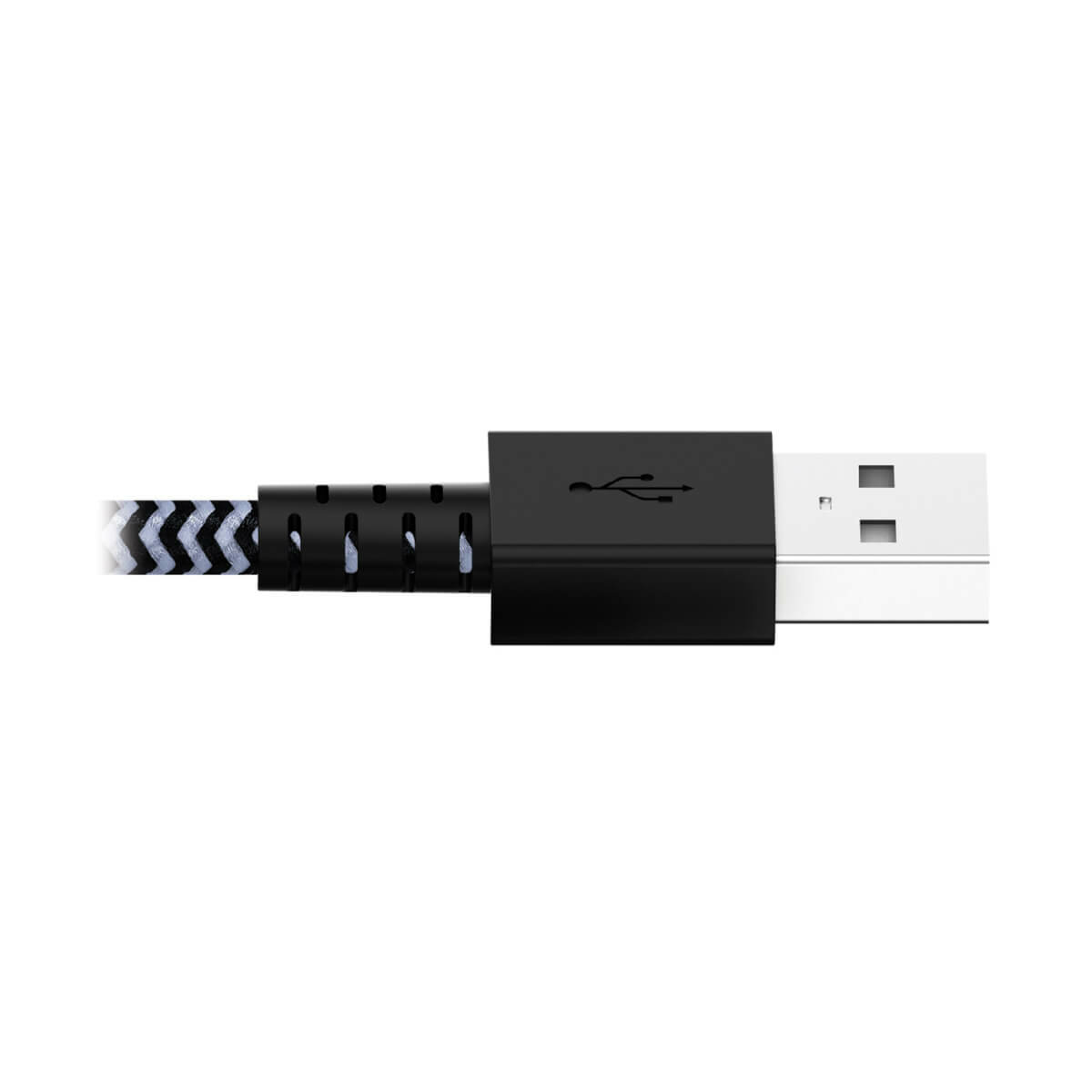 Czarny konektor USB z plecionym czarno-białym kablem.