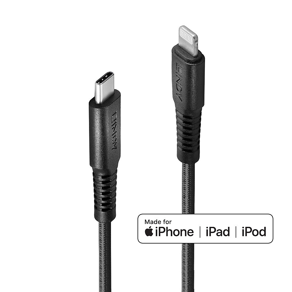 Un cavo USB-C a Lightning nero con connettori neri. Made for iPhone, iPad, iPod.