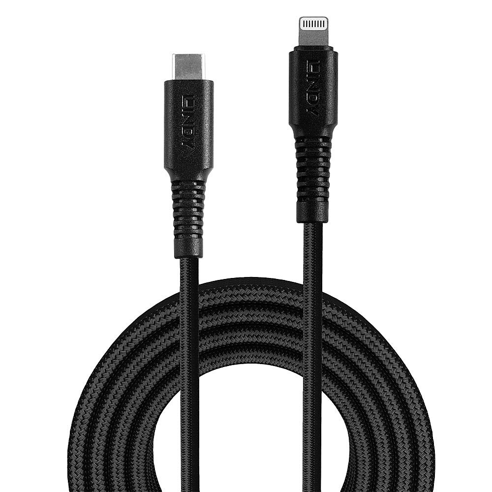 Cavo Lindy nero con connettore USB-C e Lightning su sfondo bianco.