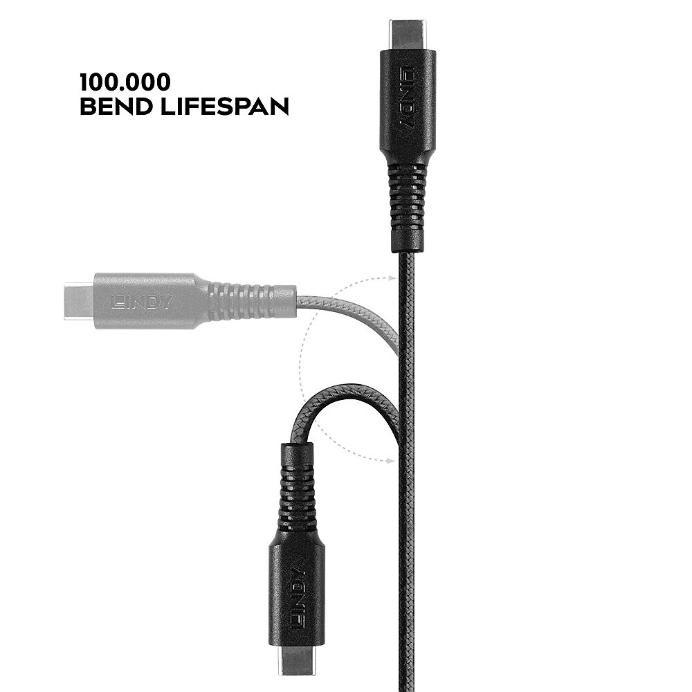 Cavo USB-C nero con testo: 100.000 DURATA DI FLESSIONE. Il cavo è piegato.