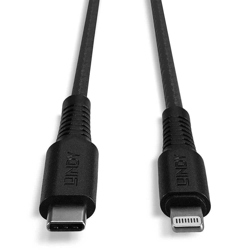 Cavo USB-C a Lightning nero. Entrambe le estremità con logo "LINDY" stampato.