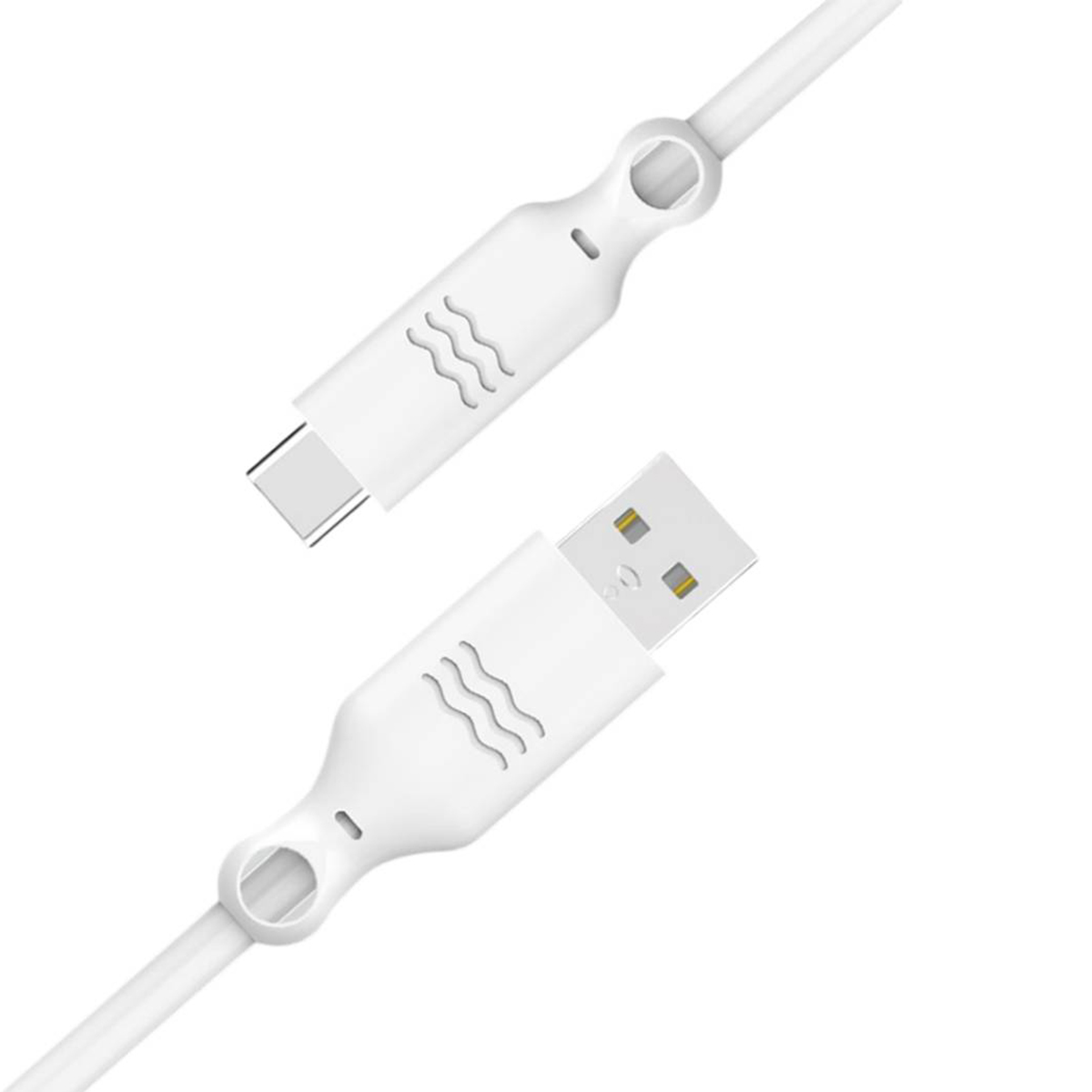 Cavo di ricarica bianco con connettori USB-C e USB-A, stilizzato con linee ondulate.