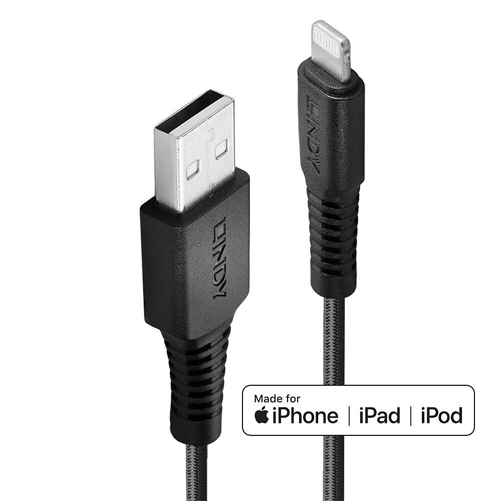 Czarny kabel USB do Lightning. Oznaczone: Made for iPhone | iPad | iPod. LINDY.