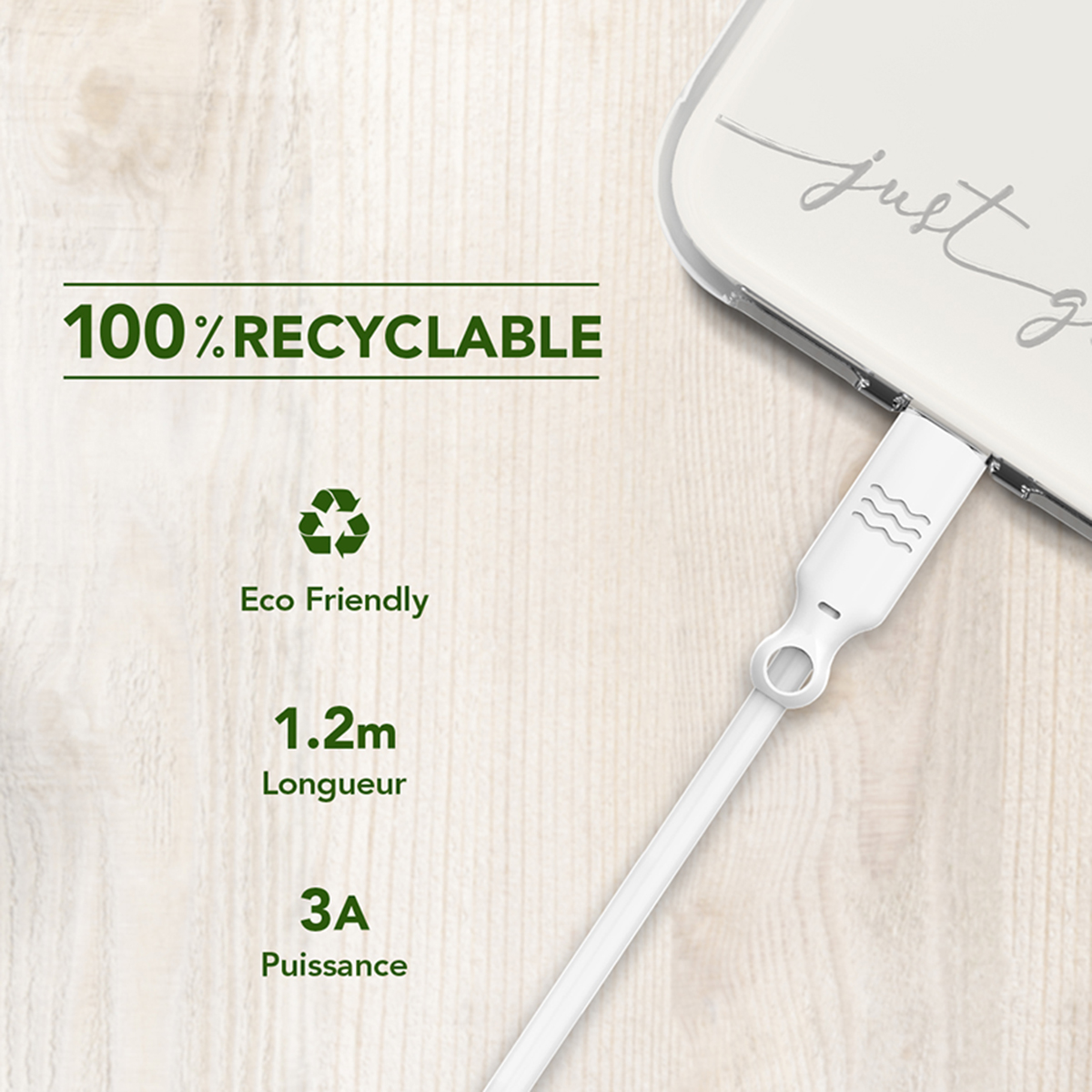 Cavo Lightning bianco con testo dell'etichetta: 100% riciclabile, ecologico, 1,2 m Longueur, 3A Puissance.