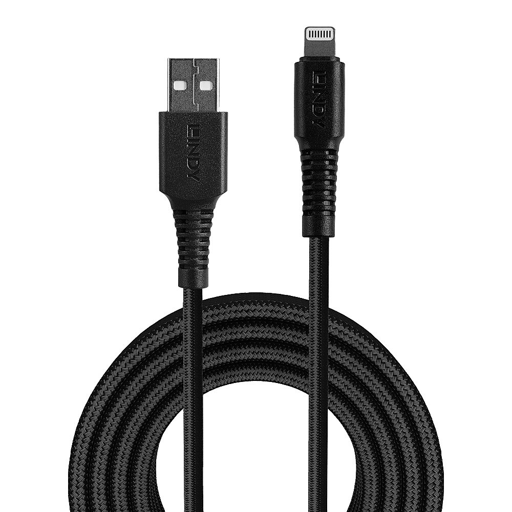 Czarny kabel USB do Lightning. Koniec USB do góry, kabel w pętli. LINDY nadrukowane na złączach.