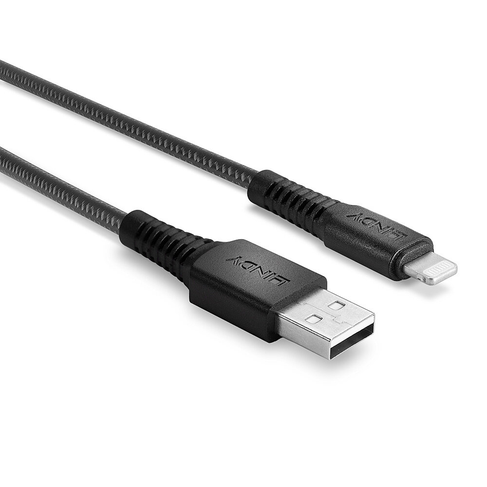 Czarny kabel USB do Lightning, z marką Lindy, na białym tle.