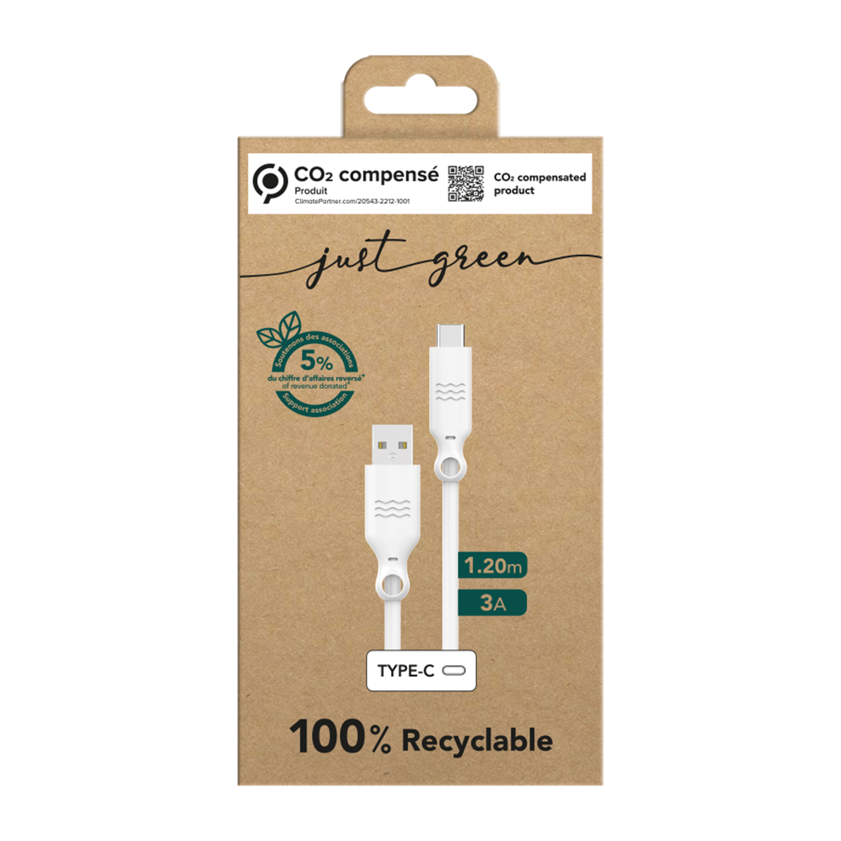Cavo USB-C bianco in confezione con testo, just green 100% riciclabile.