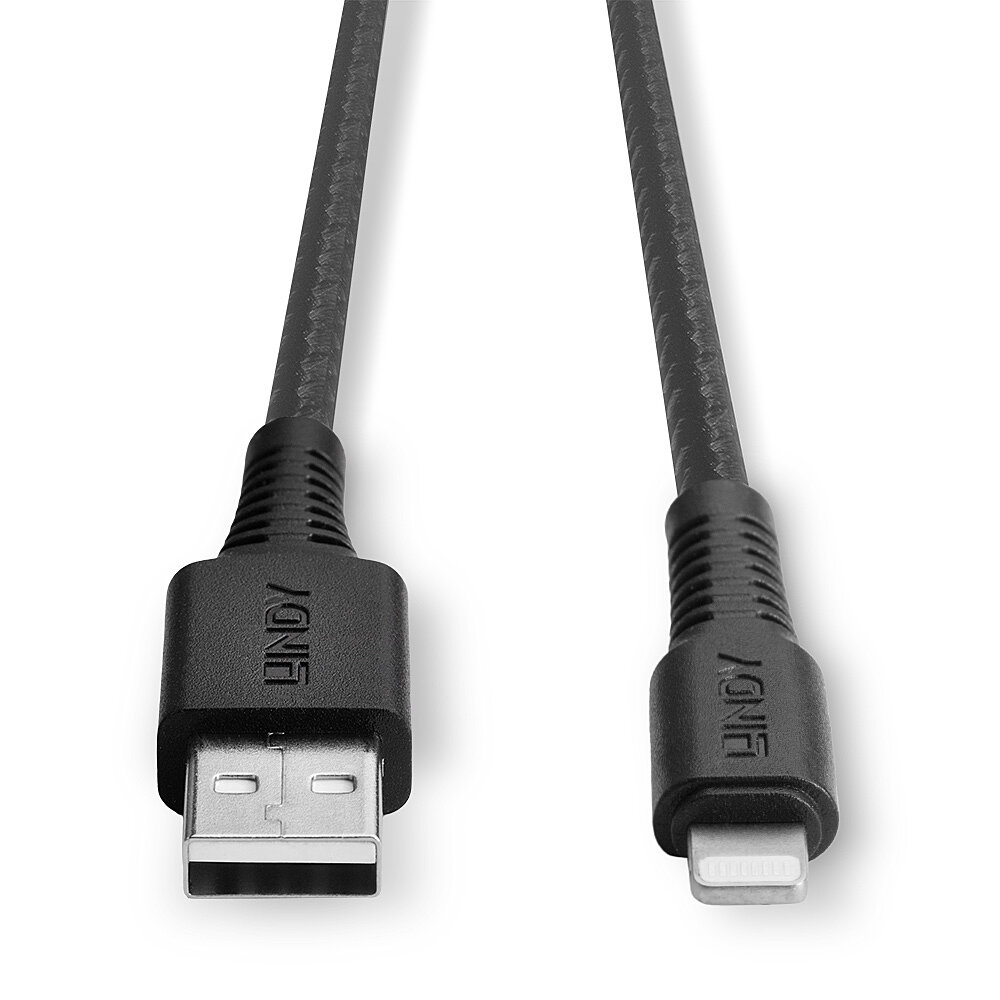 Czarny kabel USB do Lightning z marką 'Lindy' na obu końcówkach, na białym tle.