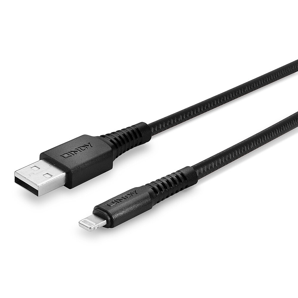 Czarny kabel USB do Lightning. Marka LINDY na obu końcach.