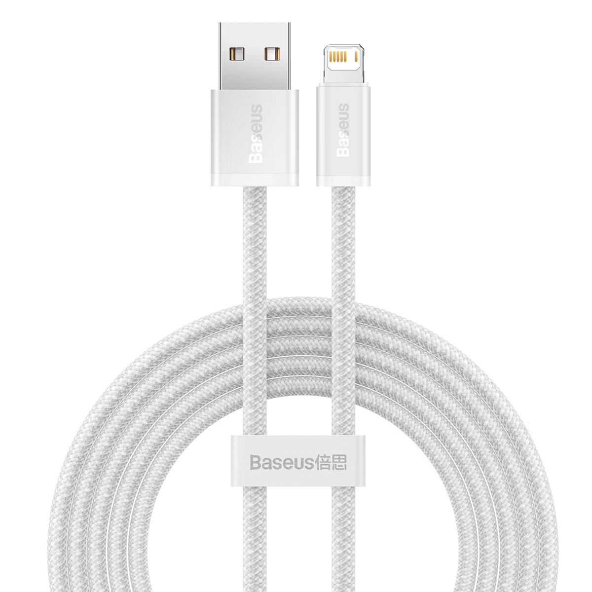 Cavo da USB a Lightning bianco con cavo intrecciato bianco ed etichetta “Baseus”.