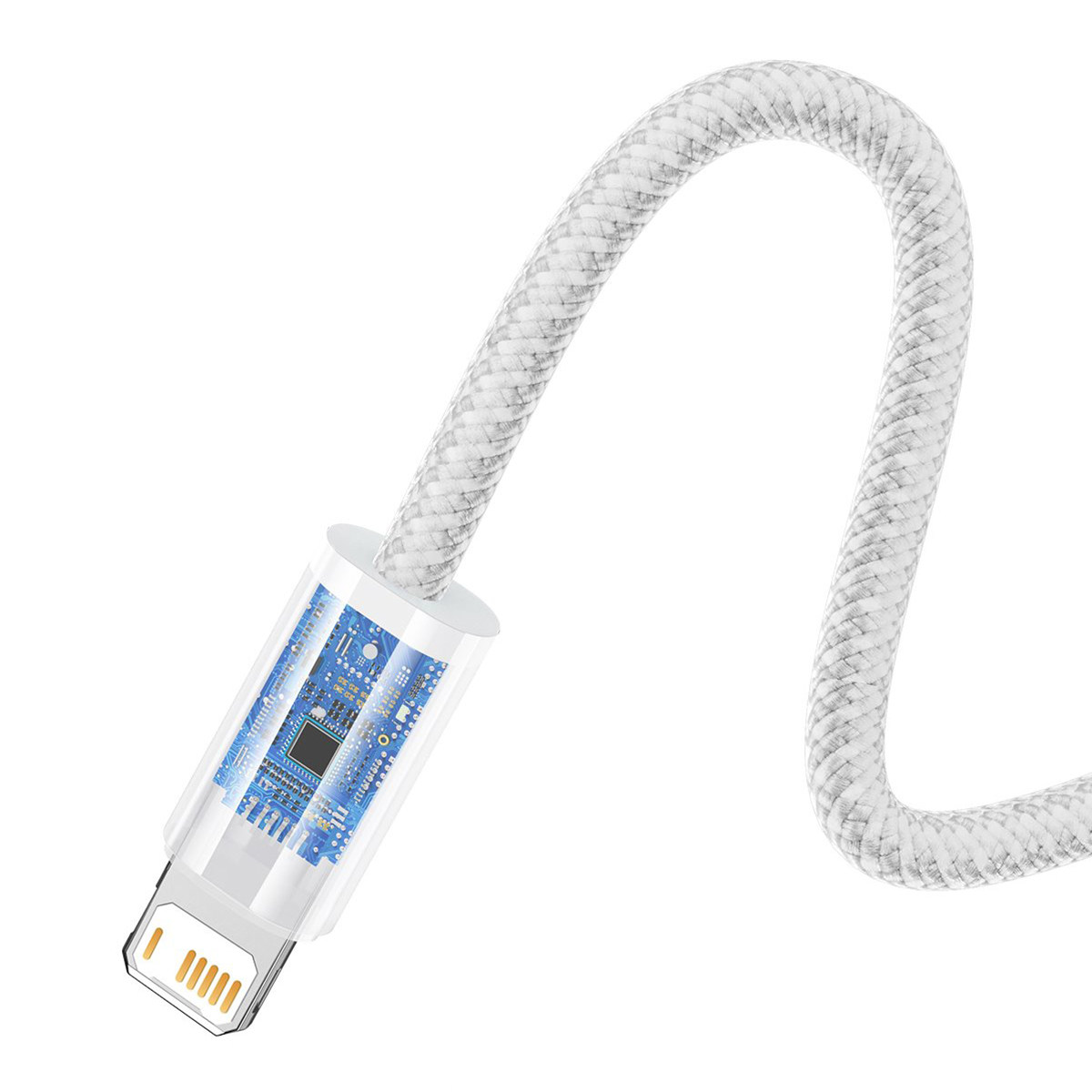 Cavo Lightning con cavo intrecciato bianco e grigio. Una punta trasparente che mostra l'interno.