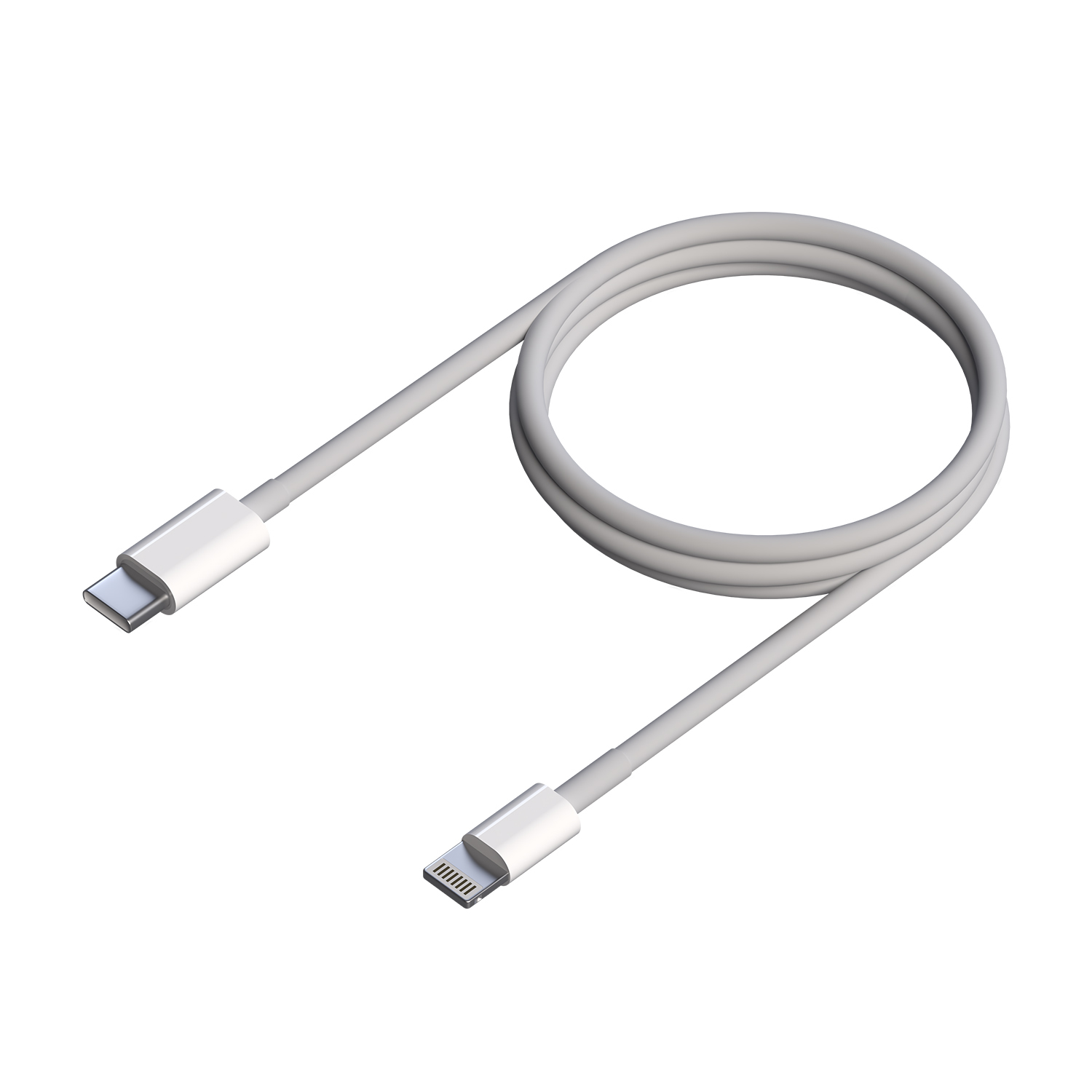 Cable USB-C a Lightning blanco. Fondo blanco. Forma curvada.