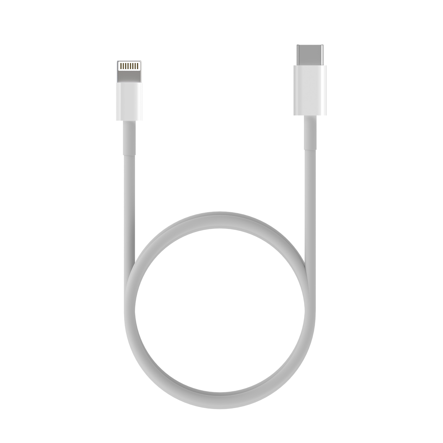 Un cable blanco de Lightning a USB-C, con un conector Lightning en un extremo y USB-C en el otro.